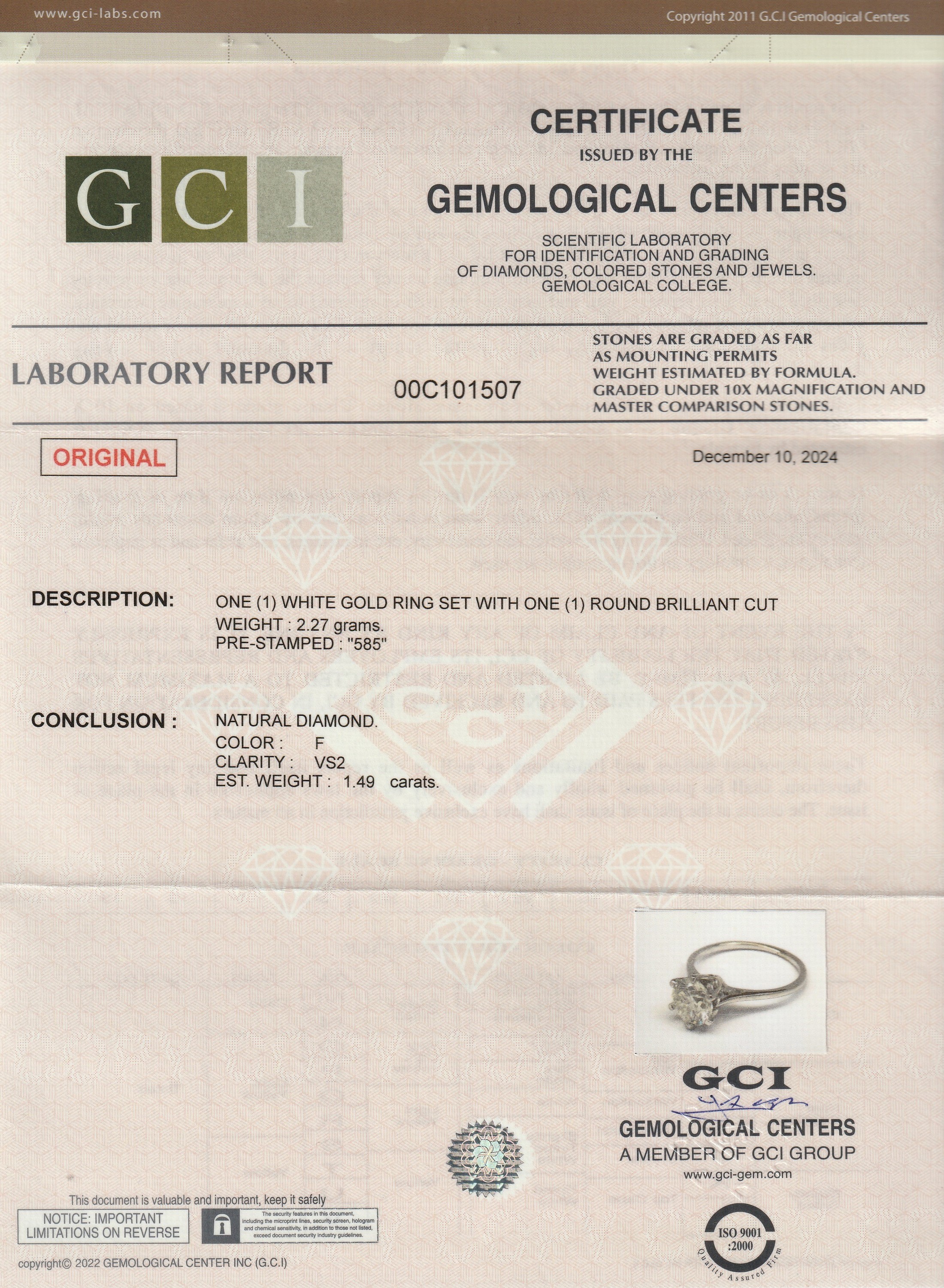 Detail a: 14 kt Gold Brillant-Ring, WG 585/000, Brillant ca. 1.49 ct Weiß/si1, RW 54, ca. 2.3 g, mit GCI-Expertise