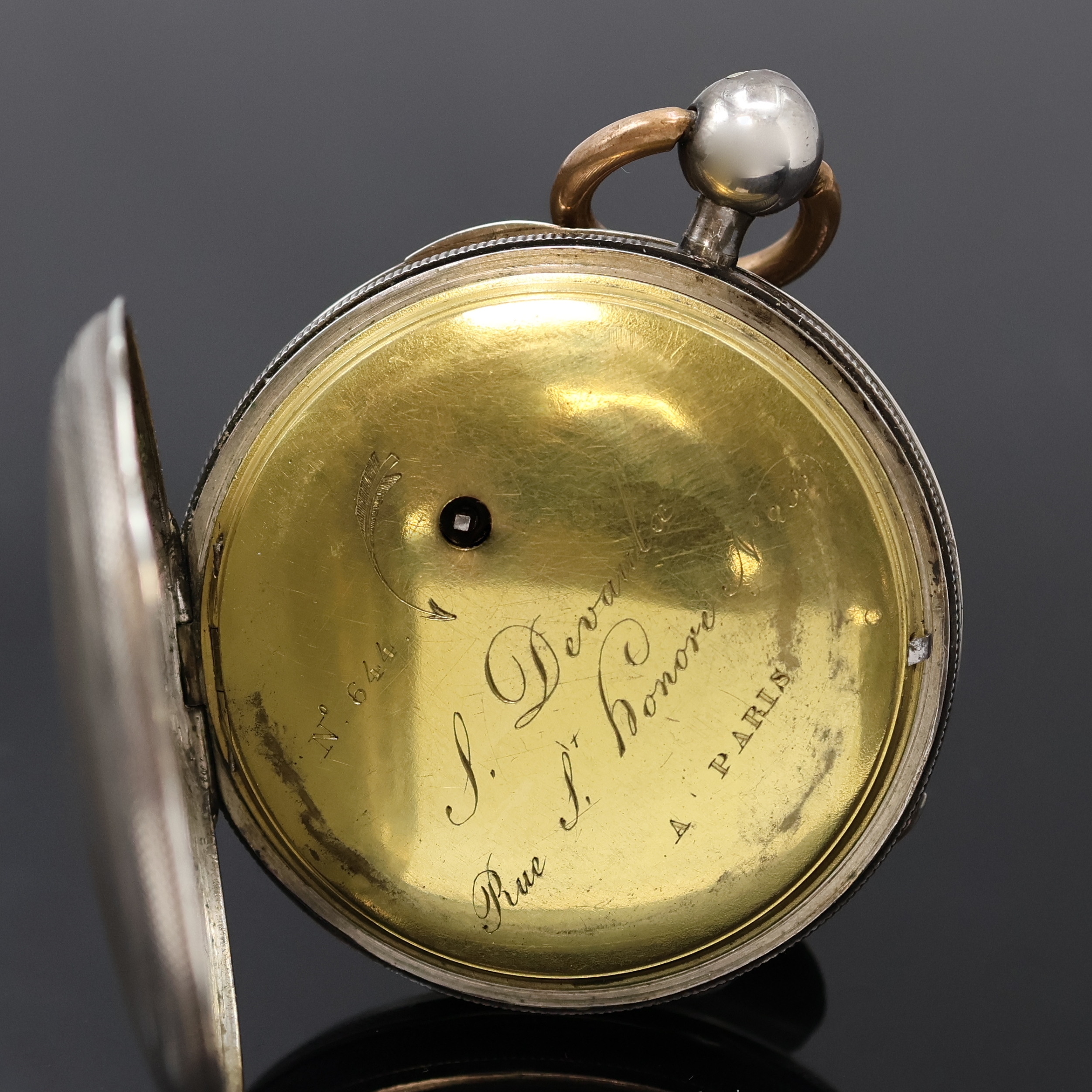 Detail c: DEVAULX offene Französische Taschenuhr mit Schlagwerk in Silber, Frankreich um 1830, Schlüsselaufzug, guill. Geh. leicht dell., verg. Cuvette, ...