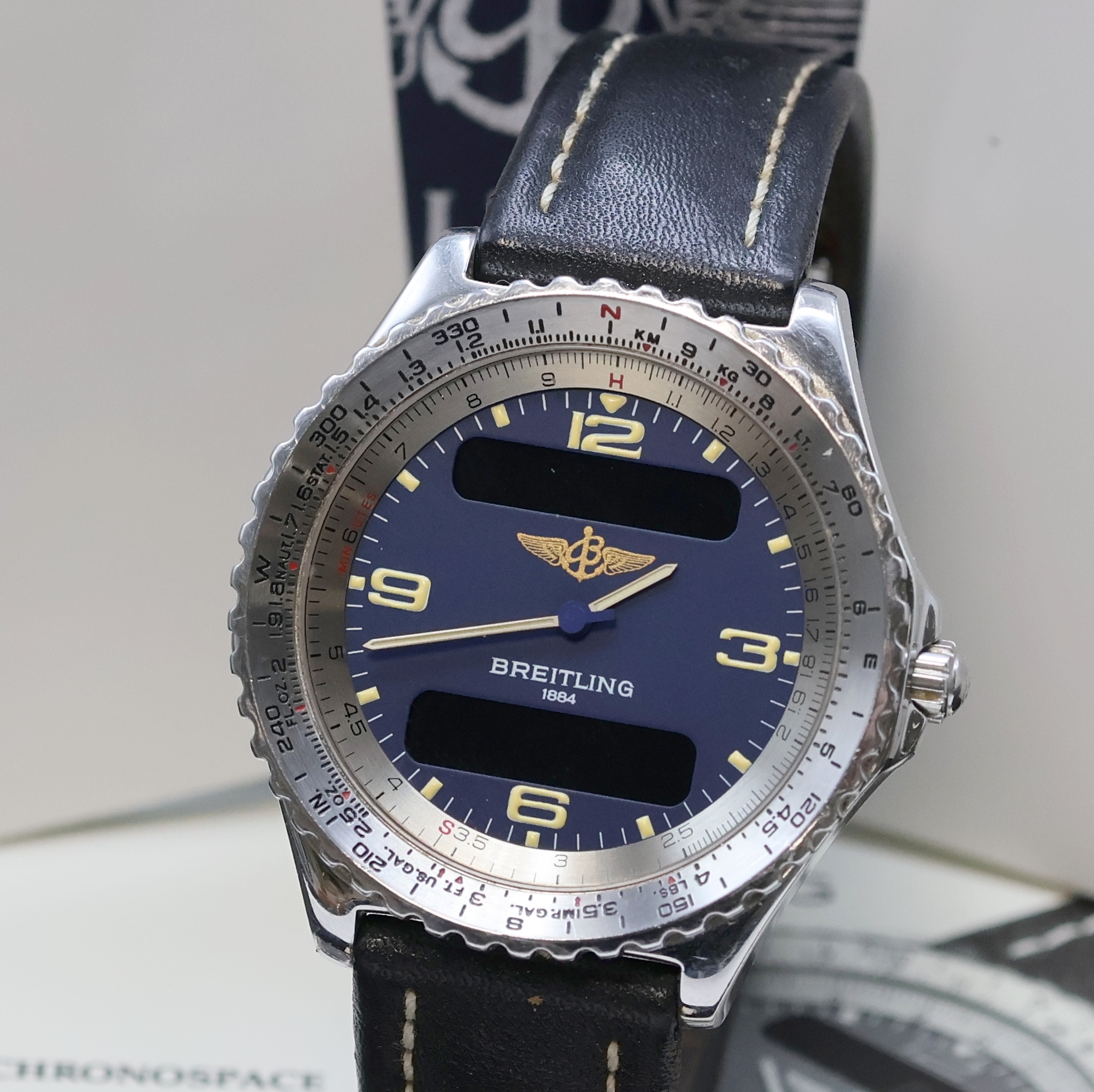 Detail a: BREITLING Chronospace Multifunktionsuhr Referenz A56011, Schweiz um 1995, quarz, Edelstahlgeh. inkl. Lederband m. orig. Dornschl., Boden aufgedr., ...