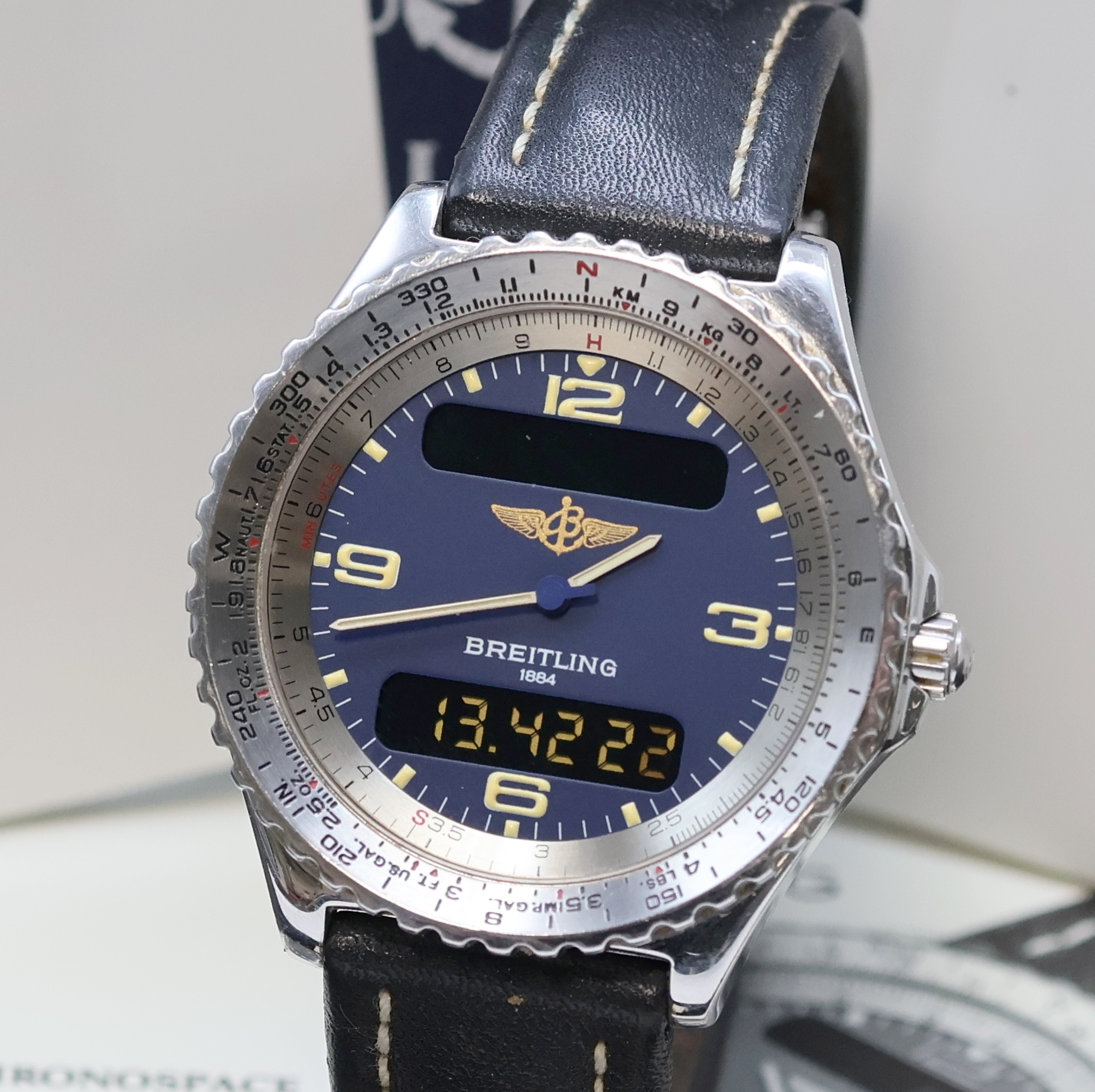 Detail b: BREITLING Chronospace Multifunktionsuhr Referenz A56011, Schweiz um 1995, quarz, Edelstahlgeh. inkl. Lederband m. orig. Dornschl., Boden aufgedr., ...
