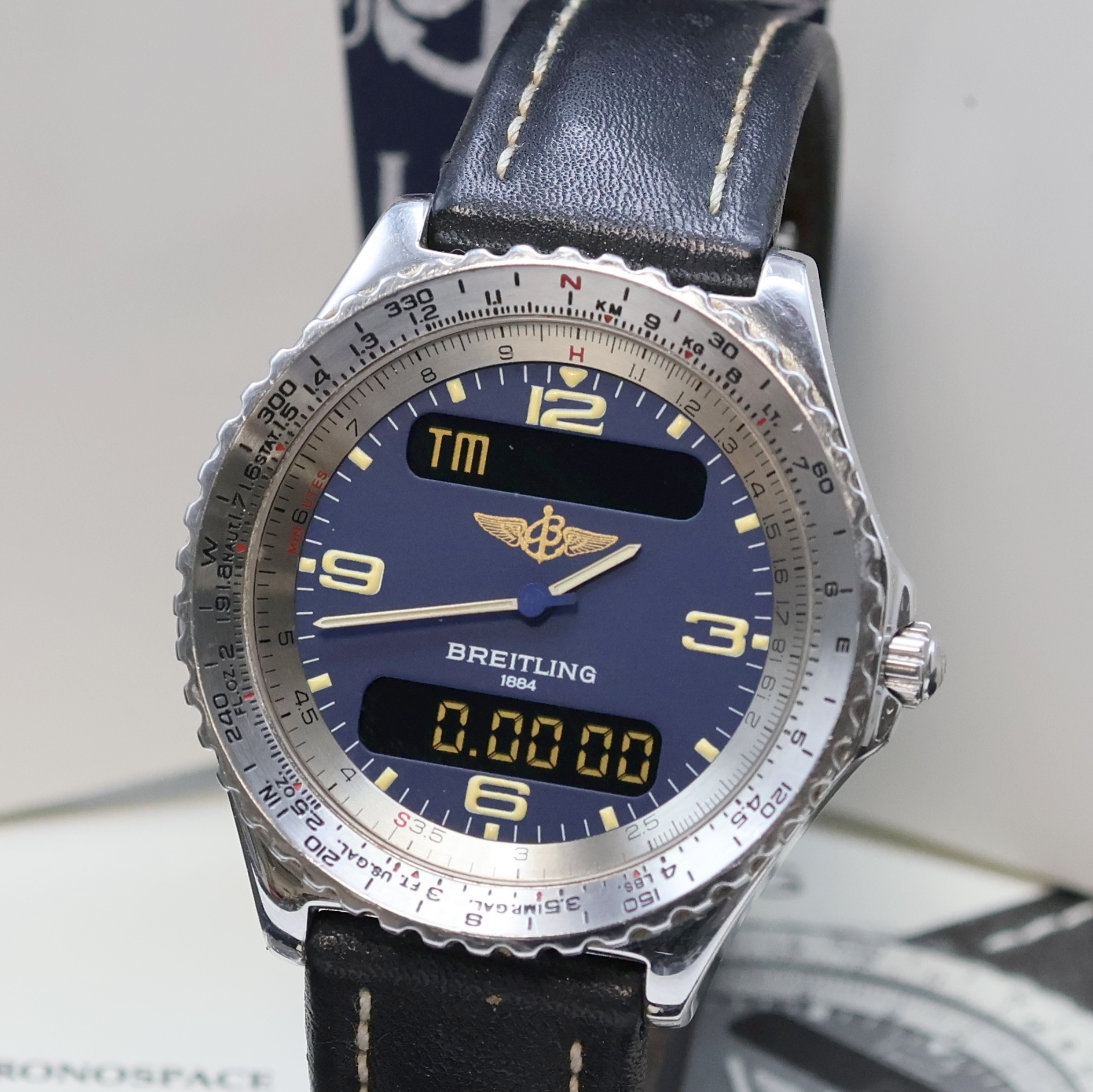 Detail c: BREITLING Chronospace Multifunktionsuhr Referenz A56011, Schweiz um 1995, quarz, Edelstahlgeh. inkl. Lederband m. orig. Dornschl., Boden aufgedr., ...