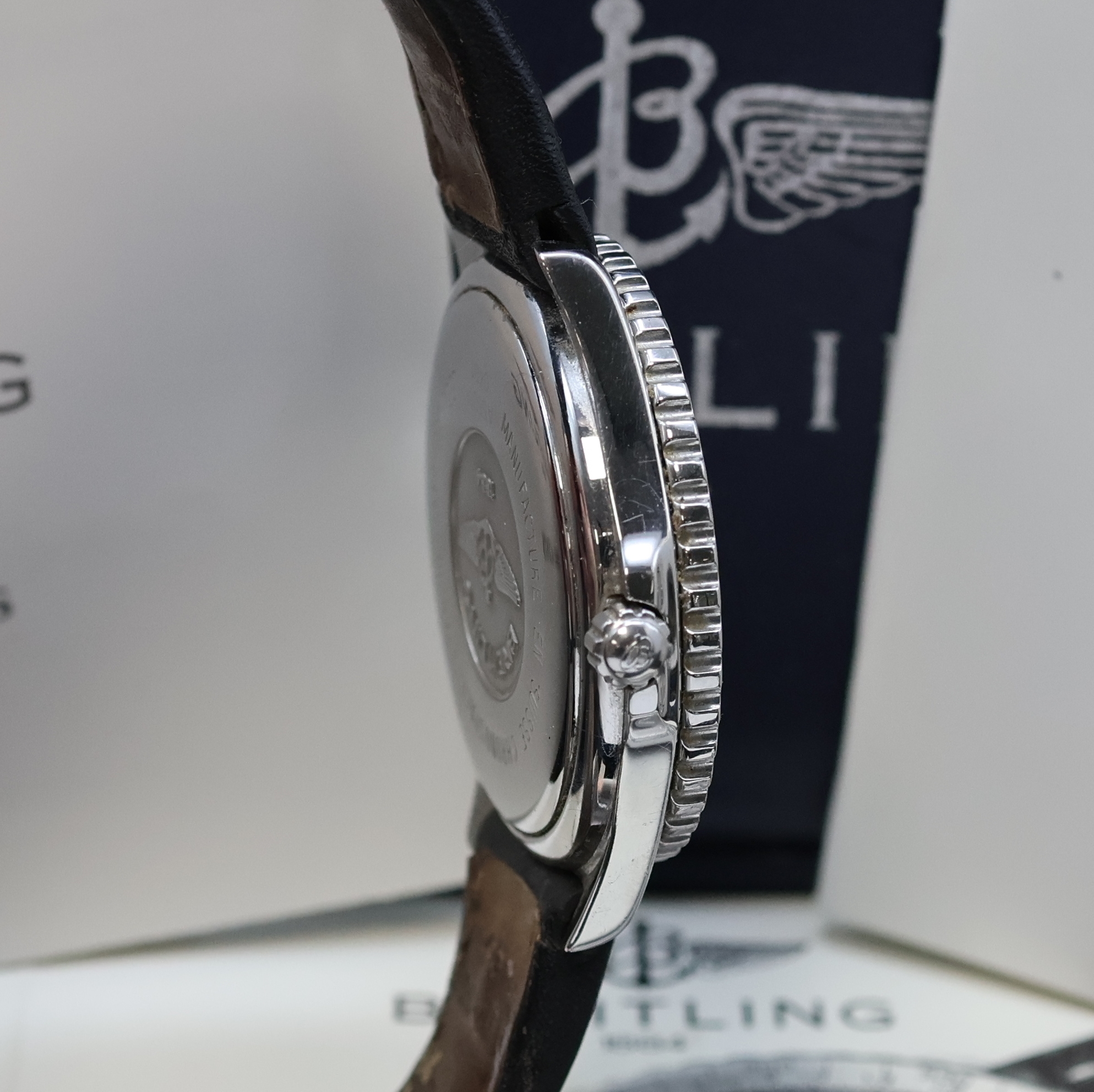 Detail e: BREITLING Chronospace Multifunktionsuhr Referenz A56011, Schweiz um 1995, quarz, Edelstahlgeh. inkl. Lederband m. orig. Dornschl., Boden aufgedr., ...