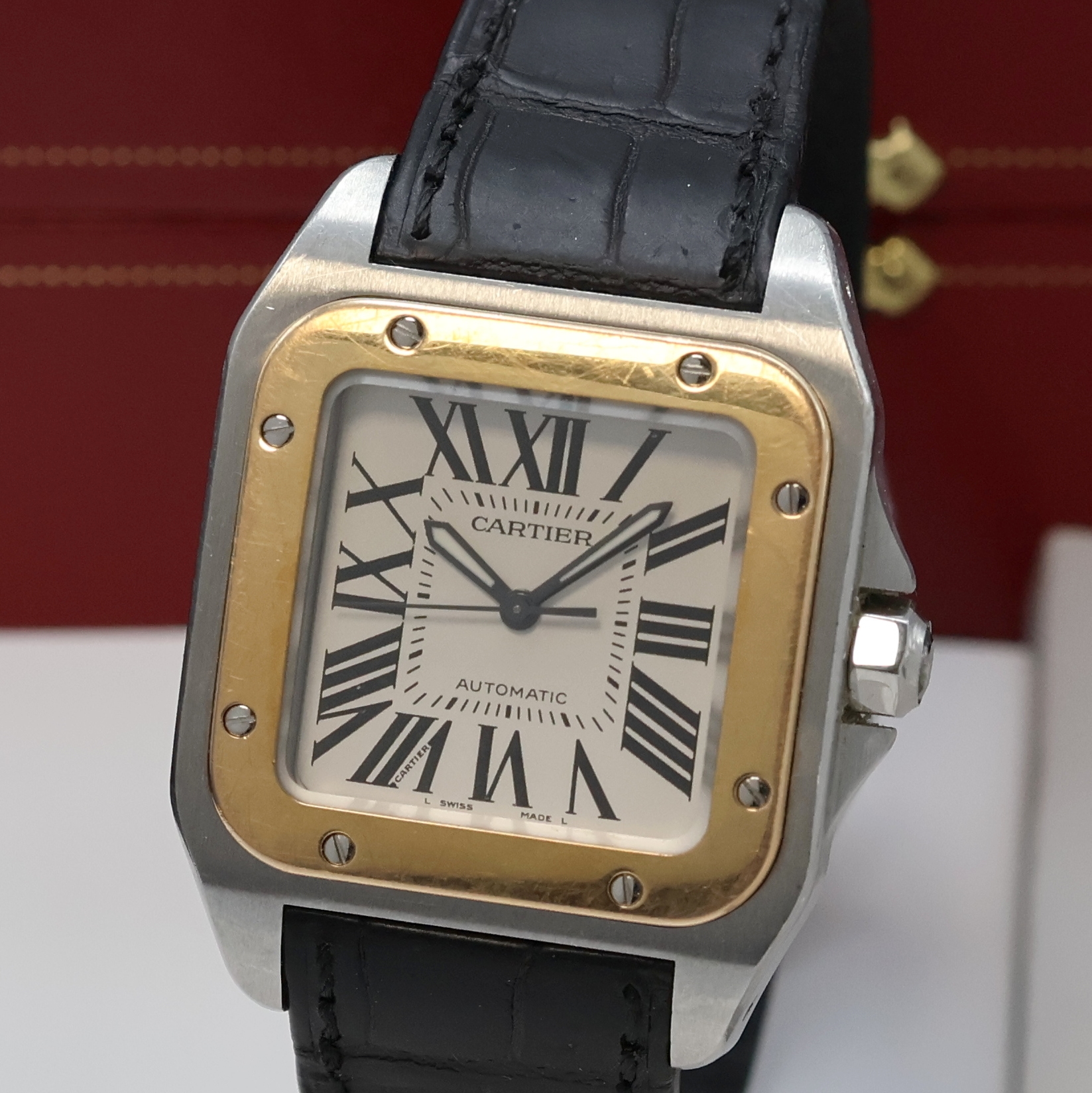 Detail a: CARTIER Santos 100 Armbanduhr Referenz 2878,Schweiz verk. lt. beil. Pap. 05/2006, Automatik, Edelstahlgeh. inkl. orig. Lederband m. dopp. Faltschl., ...