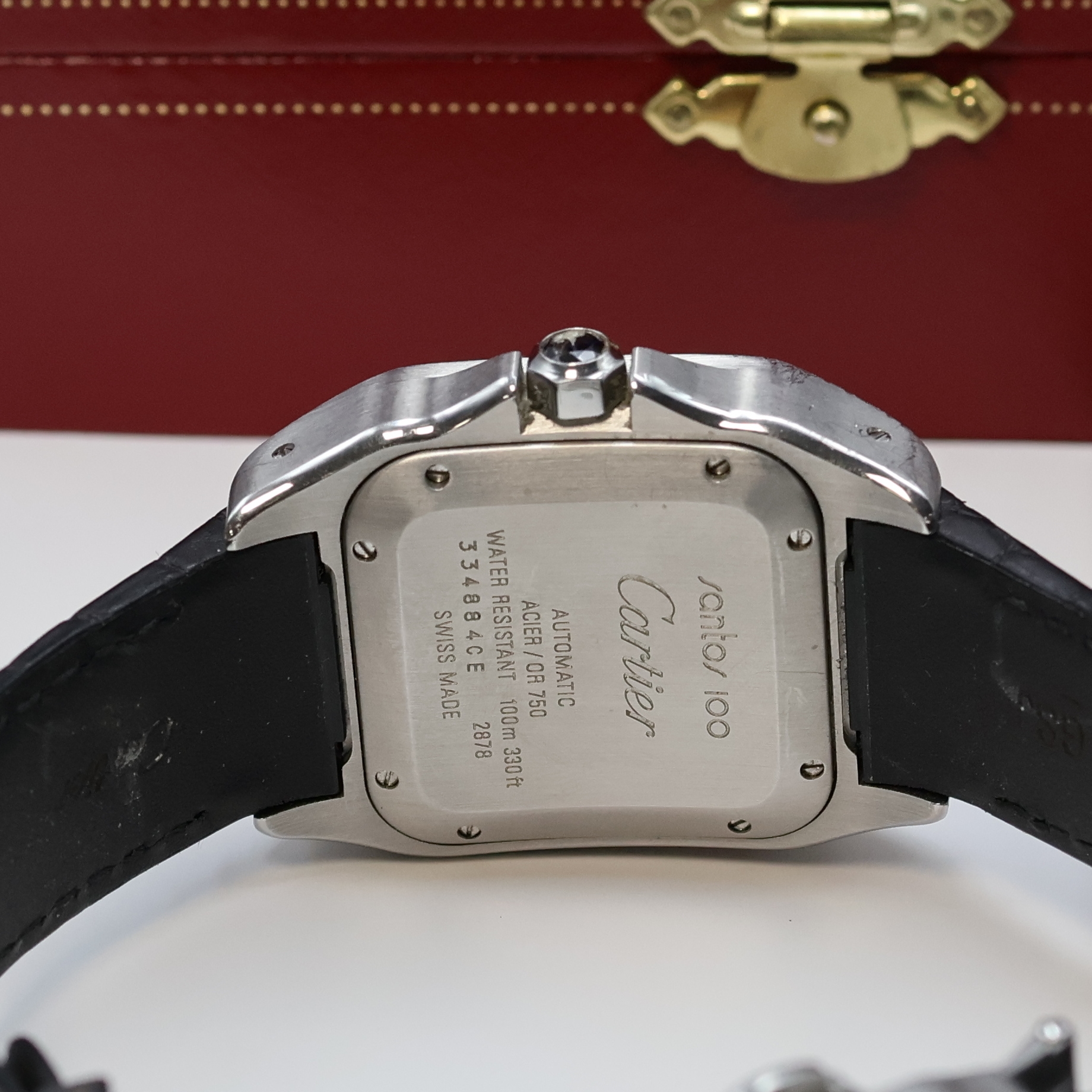Detail d: CARTIER Santos 100 Armbanduhr Referenz 2878,Schweiz verk. lt. beil. Pap. 05/2006, Automatik, Edelstahlgeh. inkl. orig. Lederband m. dopp. Faltschl., ...