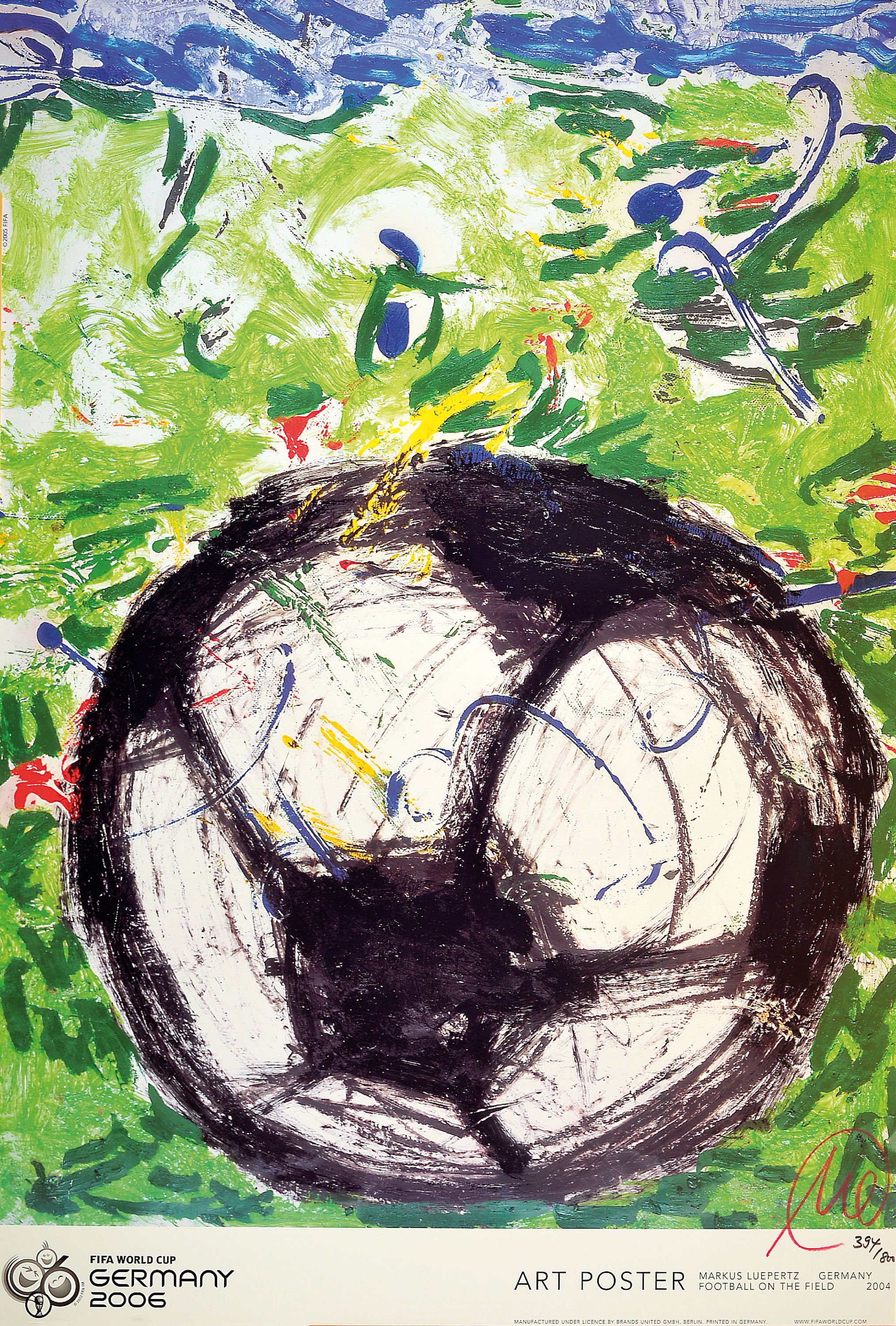 Markus Lüpertz, geb. 1941, Football on the field, Farboffset, Plakat zur FIFA WM 2006 in Deutschland, handsign., num. 394/800, ca. 96x66cm