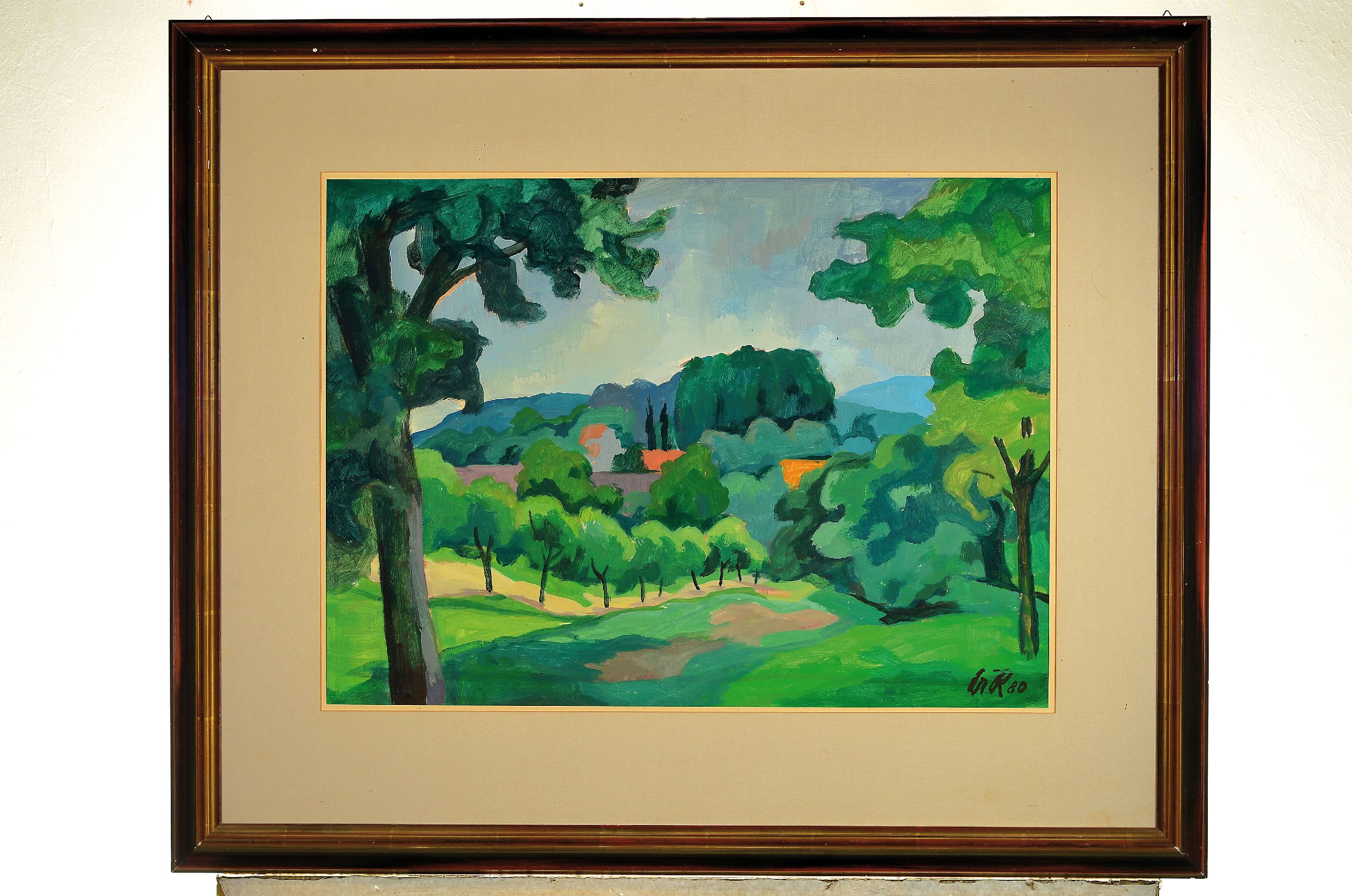 Detail k: Albert Rieger, 1914-1992, Landschaft, Gouache auf Papier, rechts unten monogr. und dat. 80, ca. 43x59cm, PP, R. ca. 70x86cm
