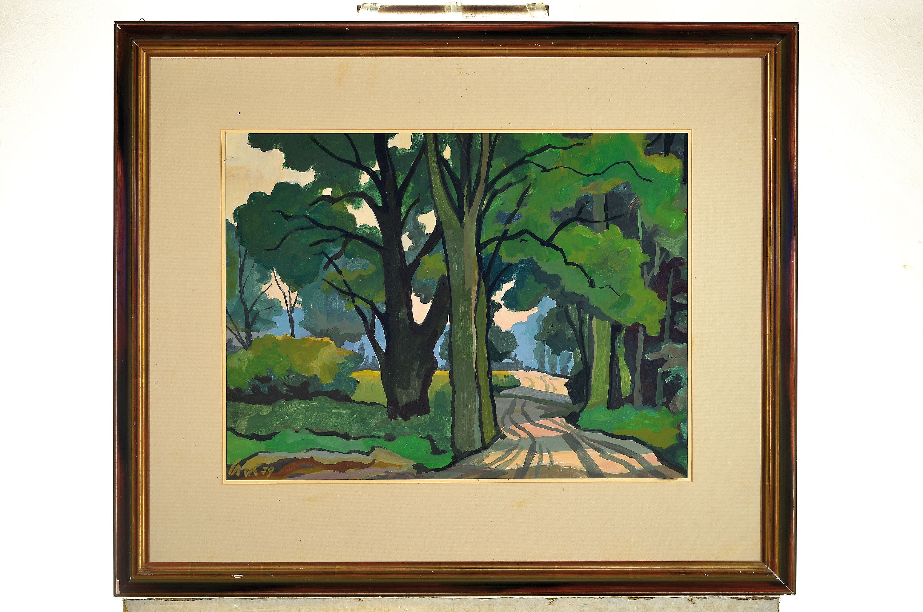 Detail k: Albert Rieger, 1914-1992, Baum bestandener Weg, Gouache auf Papier, links unten monogr. und dat. 79, ca. 43x59cm, PP, R. ca. 70x86cm