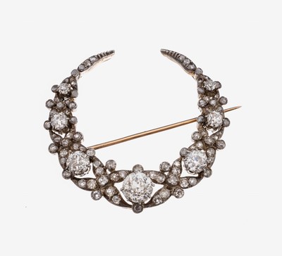 Image 18 kt gold and silver diamond-brooch, approx. 1860/70 , YG 750/000 and silver, tested, ...