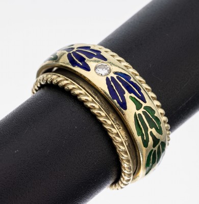 Image 26950196 - 14 kt Gold Brillant-Ring mit Email, GG 585/000, drehbare mittlere Ringschiene mit blau ...