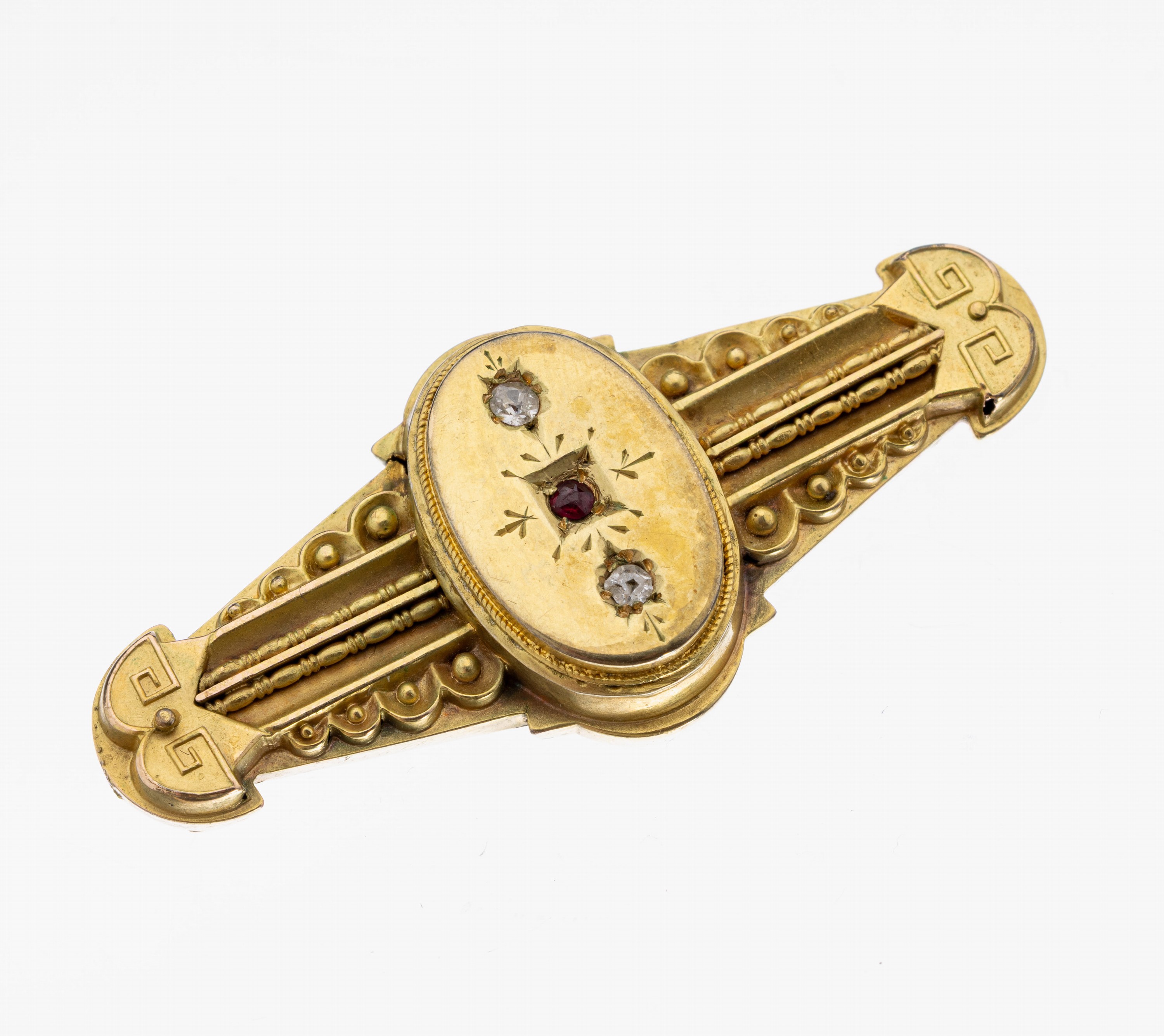 14 kt Gold Diamant-Rubin-Brosche, um 1880, GG 585/000 gepr., geometrisch, hohl gearbeitet, mittig kl. Rubin und 2 kl. Altschliffdiamanten, ca. 4.6 x ...