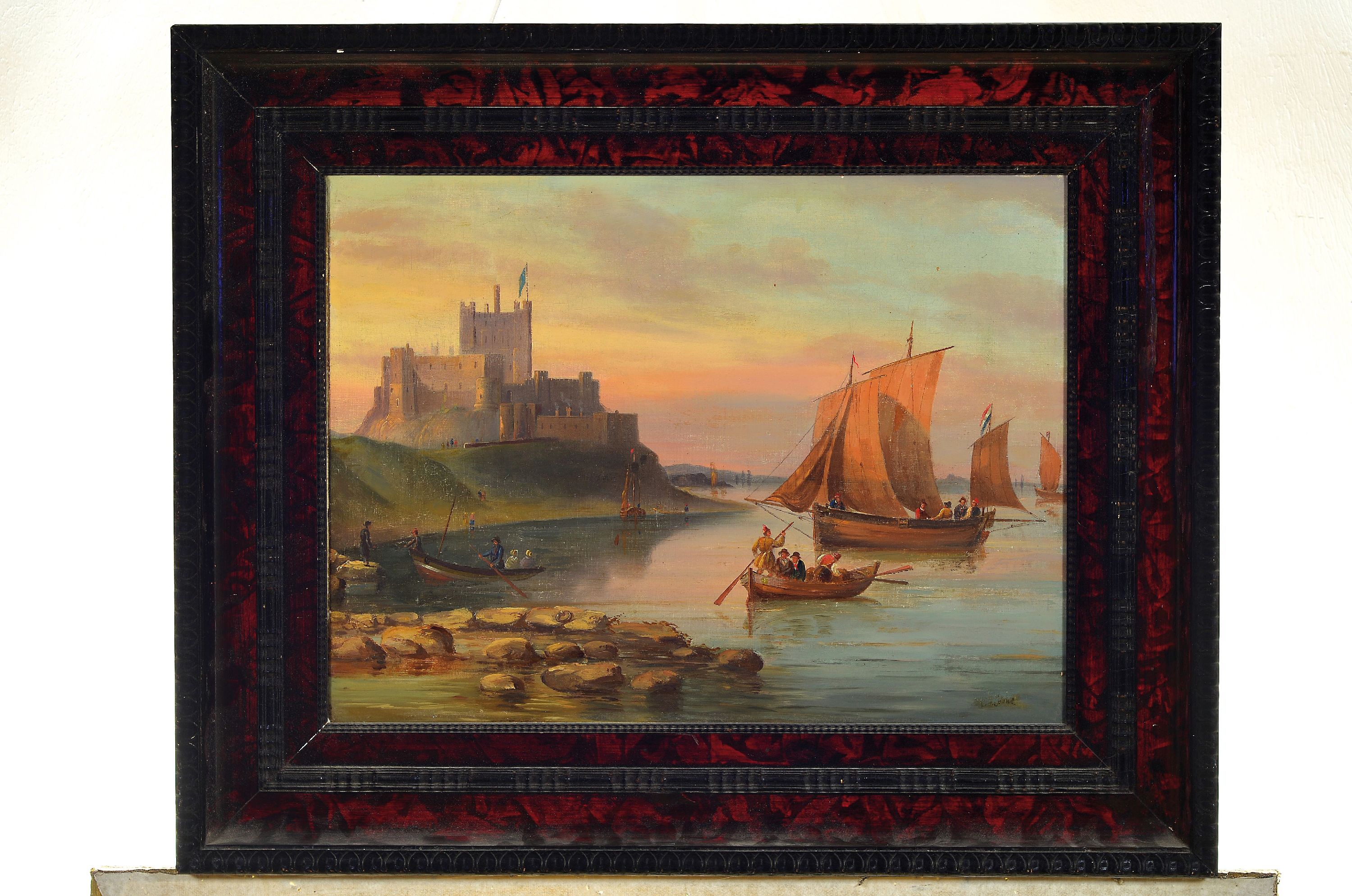 Detail k: Unbekannter Künstler, wohl Niederlande, um 1830-40, Segel- und Fischerboote vor einem befestigten Hafen, Öl/Lwd, rest., doubl., ca. 37x50cm, R. ca. ...