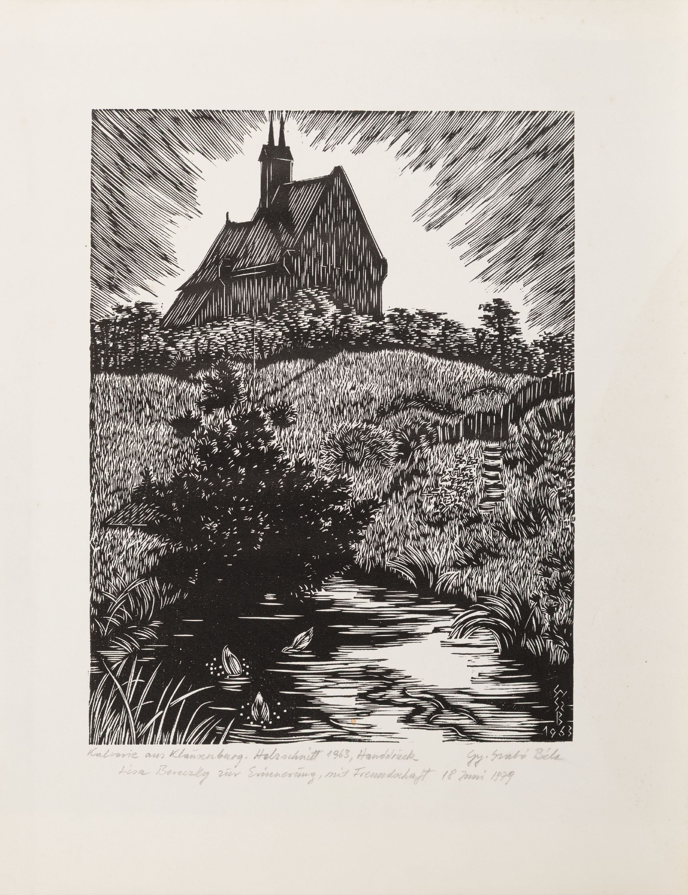Detail l: Béla Gy Szabo 1905 -1985, sechs Holzschnitte, Kolosvan, 1975, ca. 30 x 40.5 cm, Wasserschaden, Kolonie aus Klausenburg, 1963, mit Widmung, 42.5 x 33 ...