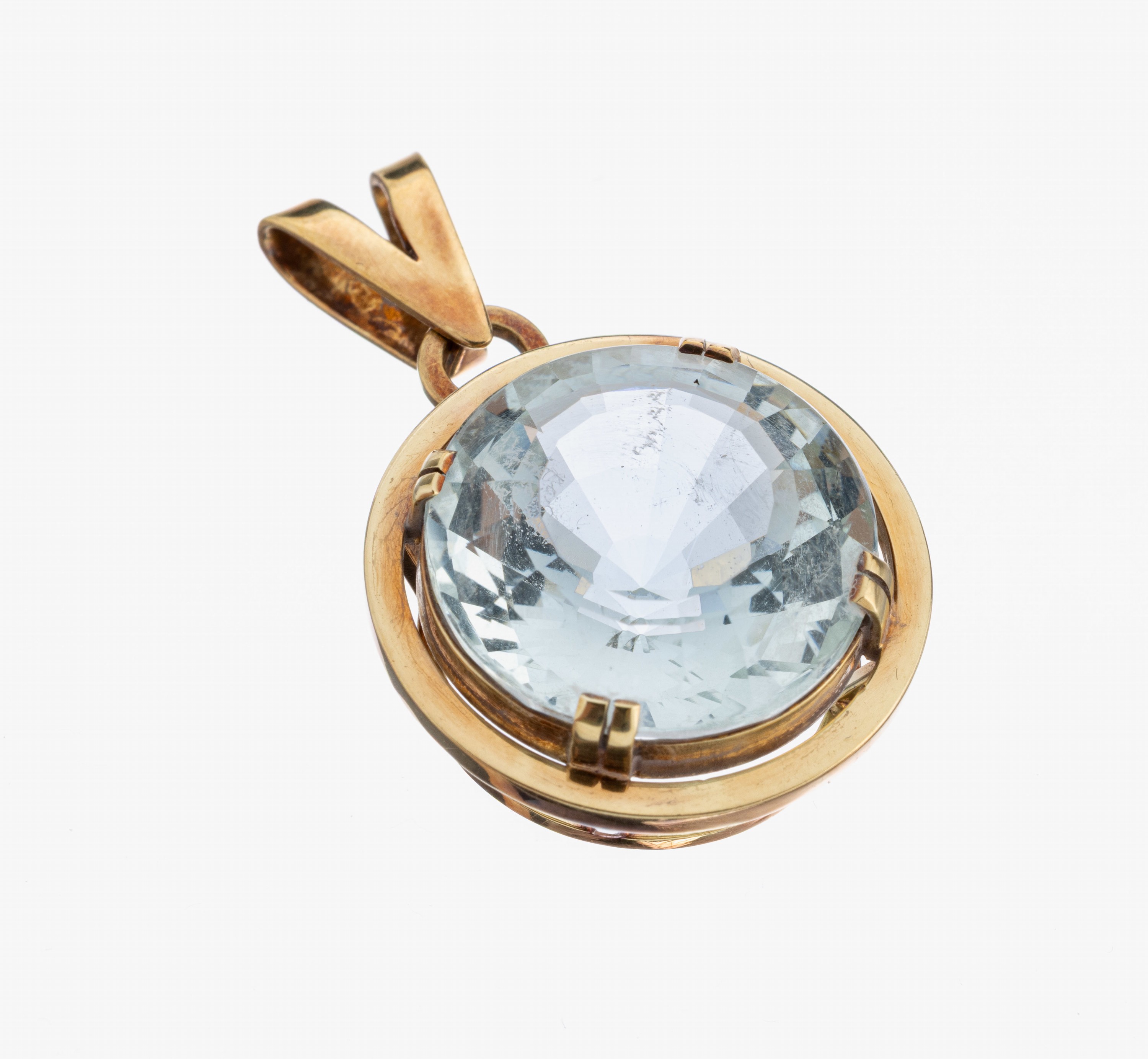14 kt Gold Aquamarin-Anhänger, deutsch, 1950erJahre, GG 585/000, schlicht, rundfacett. Aquamarin ca. 8.0 ct, ca. 7.4 g, Meistermarke HR unged.