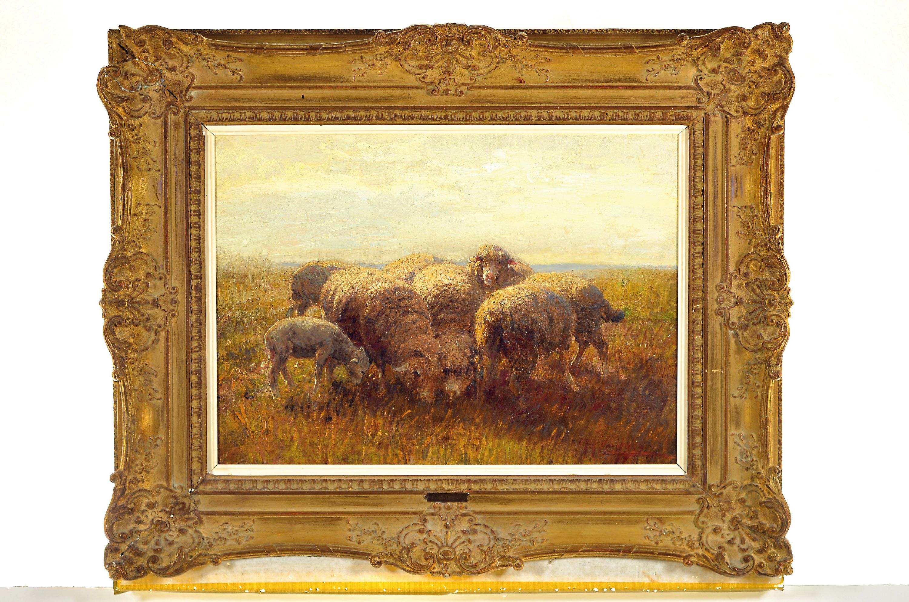 Detail k: Zuschreibung: Heinrich von Zügel, 1850 Murrhardt-1941 München, Schafe auf der Weide, Öl/Lwd, rechts unten schwer lesbar signiert, ca. 40x57cm, ...