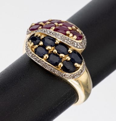 Image 14 kt Gold Rubin-Saphir-Diamant-Ring, GG 585/000, 2 angedeutete Schlangenköpfe, 7 ...