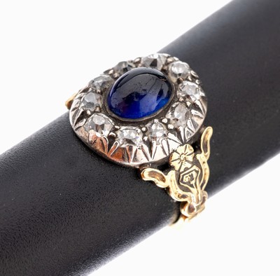 Image 14 kt gold sapphire-diamond-ring , approx. 1880-90, YG 585/000 tested, ring head ...