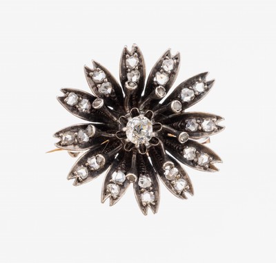 Image 26950386 - 14 kt Gold Diamant-Brosche, Frankreich um 1880-90, GG 585/000, gr. Blüte, ...