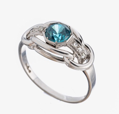 Image 26950398 - 14 kt Gold Zirkon-Diamant-Ring, 1930er Jahre, WG 585/000, mittig rundfacett. blauer ...
