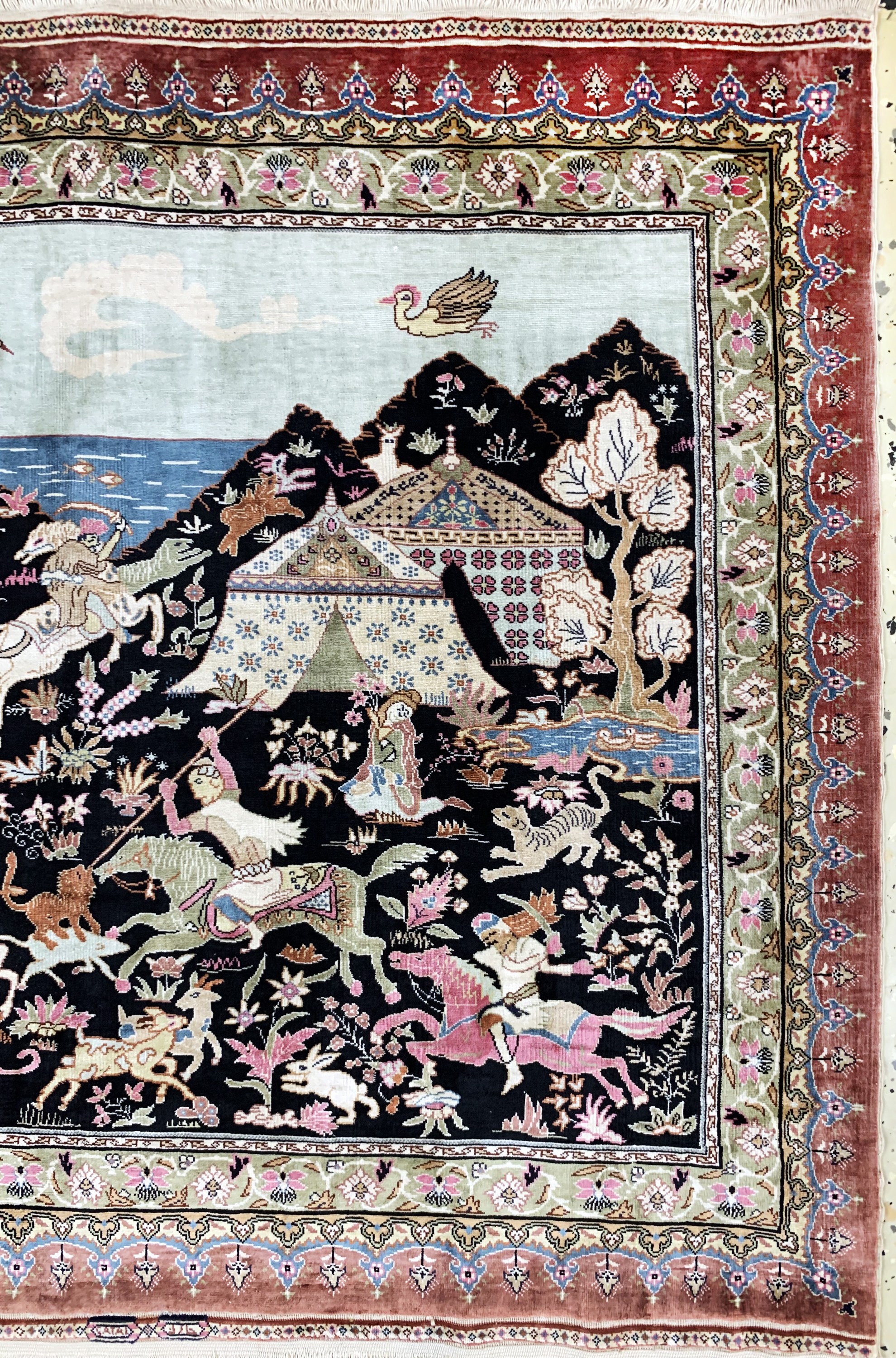 Detail a: Hereke Seide sehr fein(13 x 13), sign, Türkei, Mitte 20.Jhd., reine Naturseide, ca. 72 x 64 cm, ca. 1,7 Mio. Kn/qm, EHZ: 2