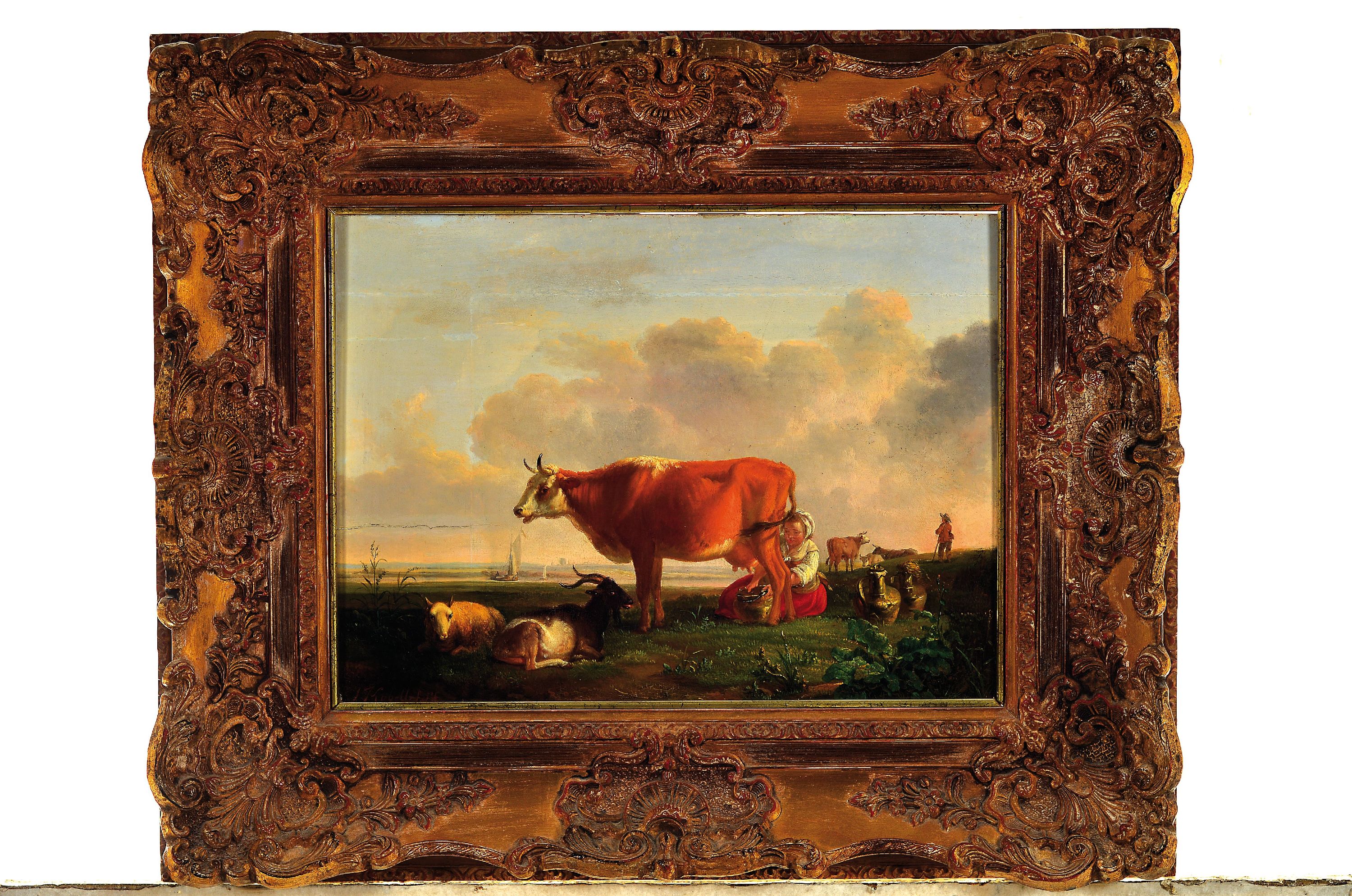Detail k: Jan Kobell III, 1800-1838, weite Landschaft mit melkender Hirtin und Tieren, feine lasierende Malerei, Öl/Holz, leicht rissig, kl.Farbfehlstellen, ...