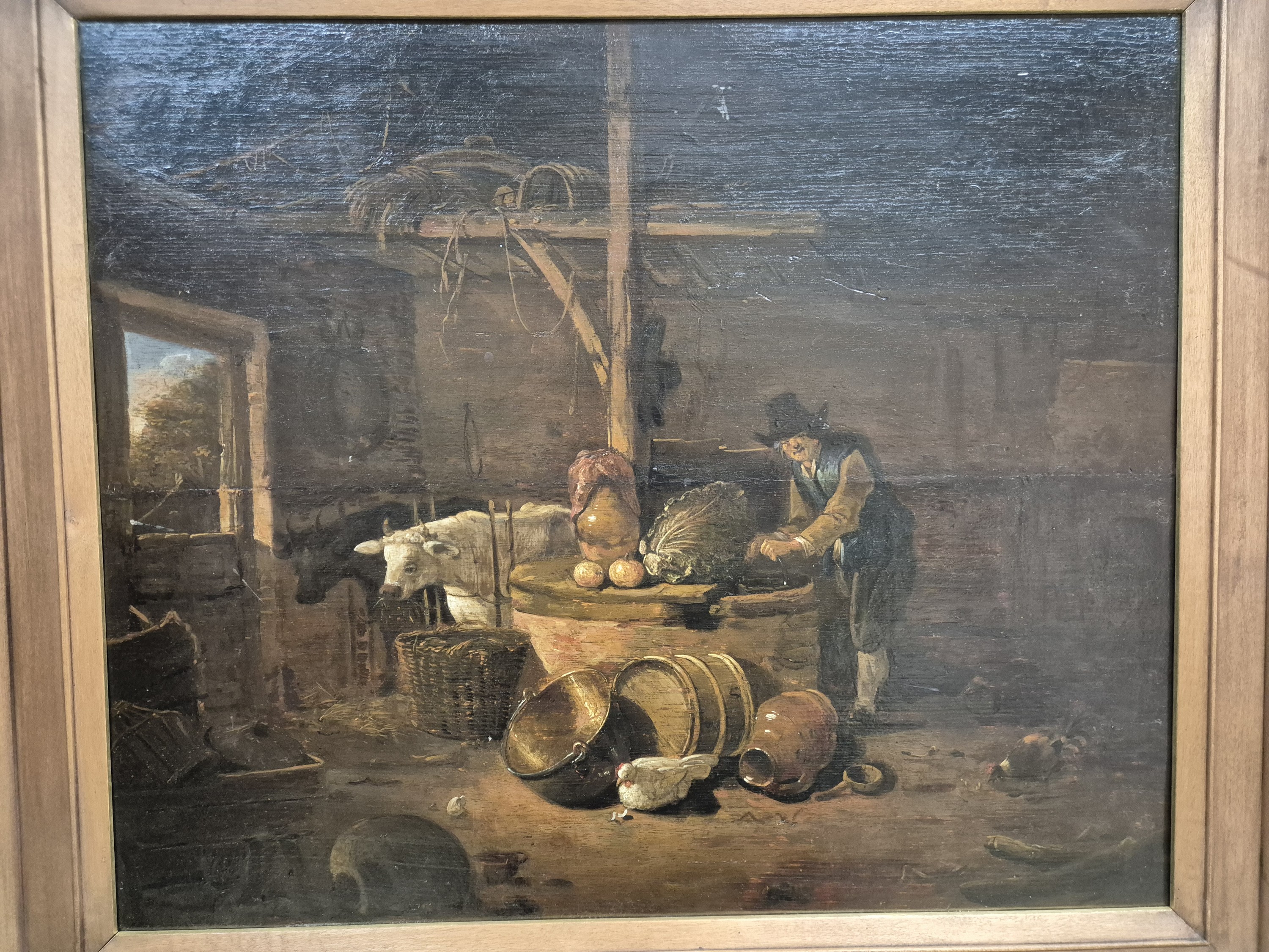 Detail a: Niederländischer Künstler, um 1820/30, Stallinterieur mit Bauer und Vieh, Öl/Holz, parkettiert, rest., li. unten unleserlich signiert, ca. 46 x 54 ...