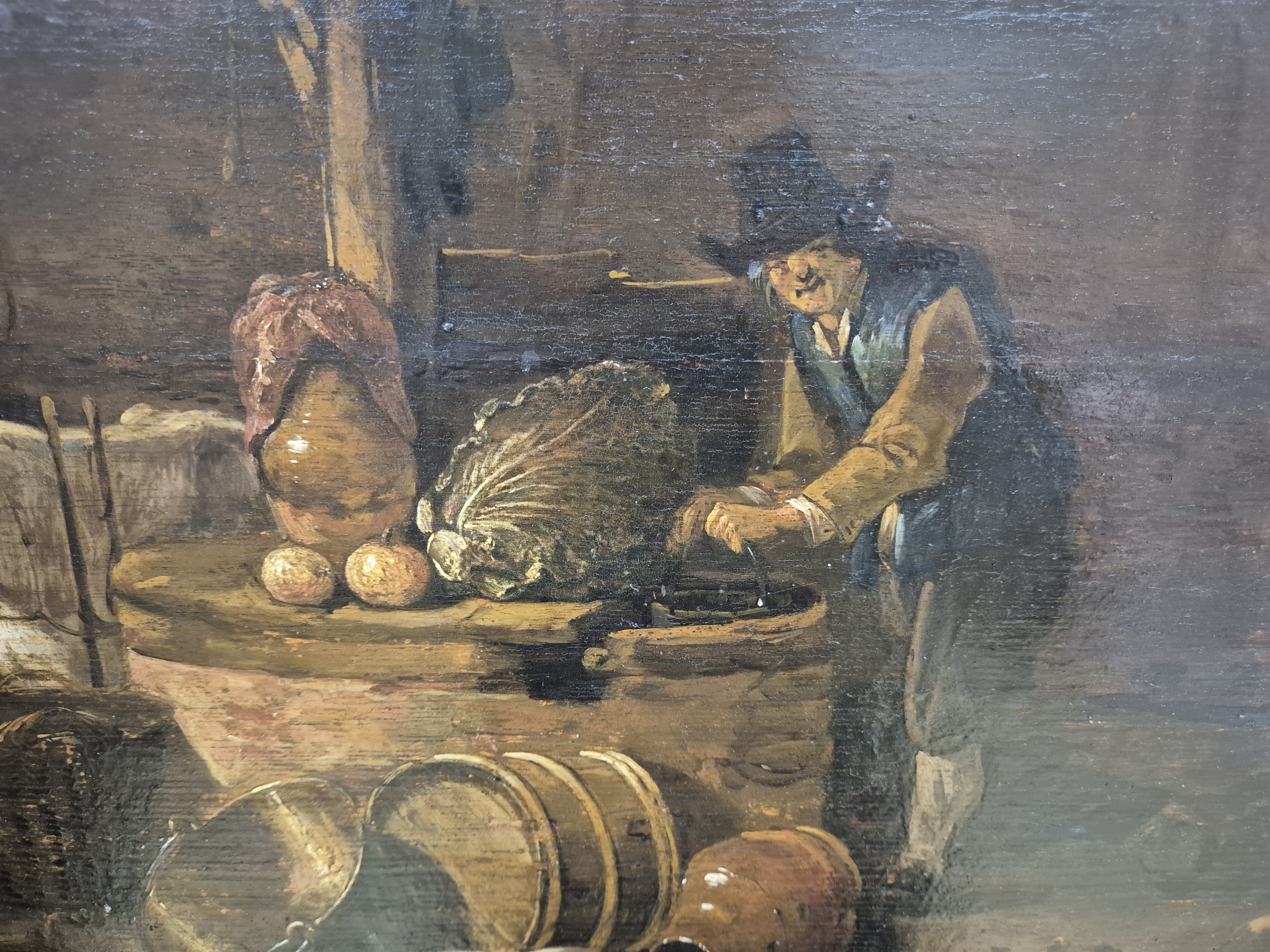 Detail b: Niederländischer Künstler, um 1820/30, Stallinterieur mit Bauer und Vieh, Öl/Holz, parkettiert, rest., li. unten unleserlich signiert, ca. 46 x 54 ...