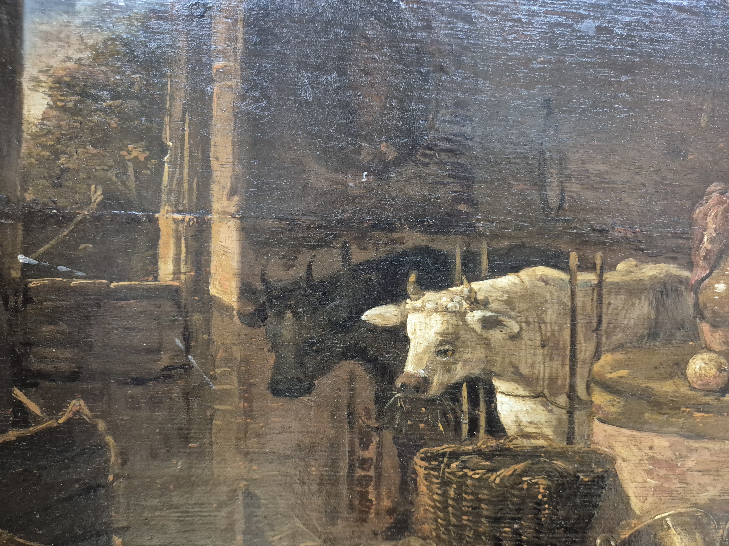 Detail c: Niederländischer Künstler, um 1820/30, Stallinterieur mit Bauer und Vieh, Öl/Holz, parkettiert, rest., li. unten unleserlich signiert, ca. 46 x 54 ...