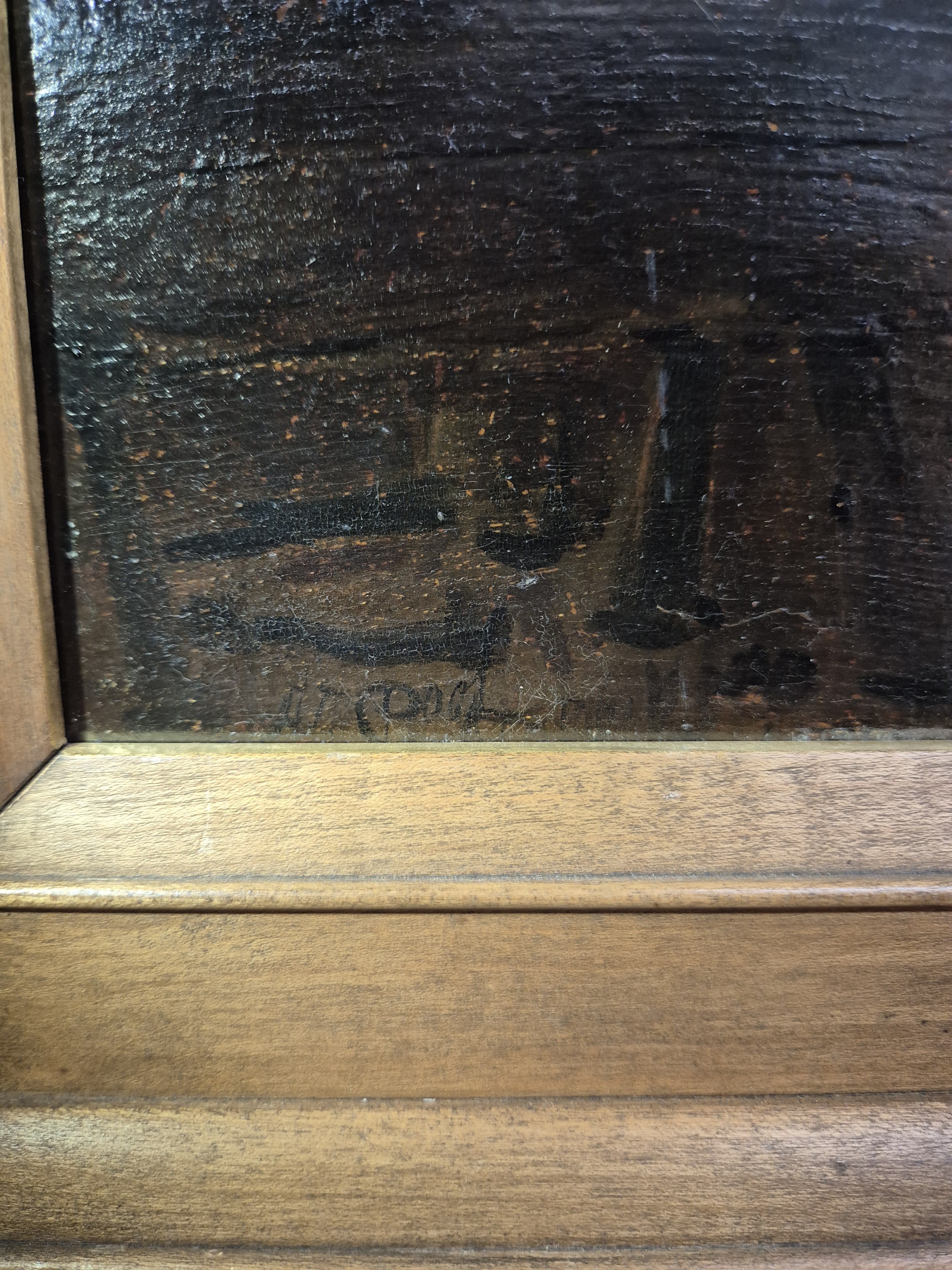 Detail d: Niederländischer Künstler, um 1820/30, Stallinterieur mit Bauer und Vieh, Öl/Holz, parkettiert, rest., li. unten unleserlich signiert, ca. 46 x 54 ...