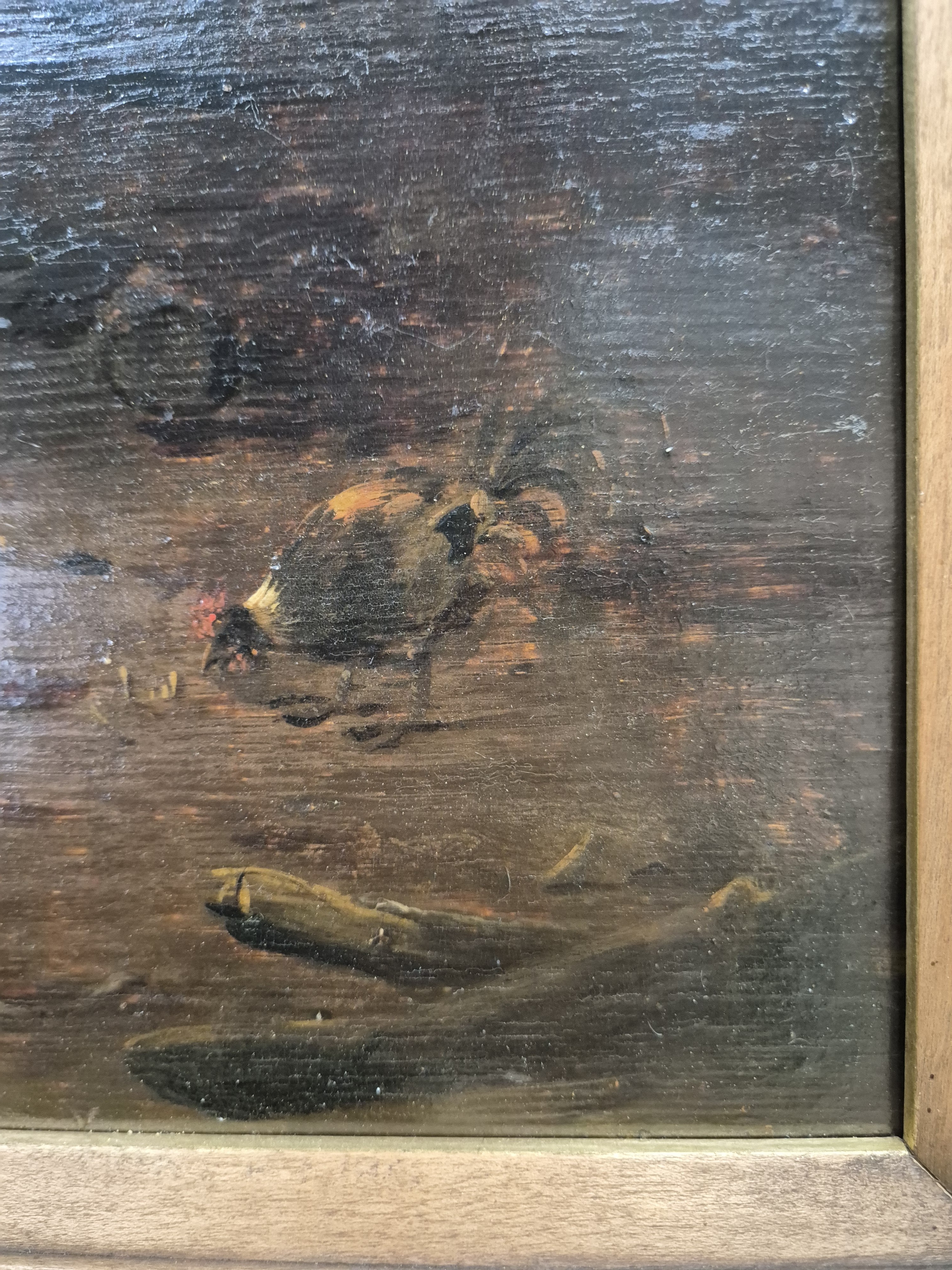 Detail e: Niederländischer Künstler, um 1820/30, Stallinterieur mit Bauer und Vieh, Öl/Holz, parkettiert, rest., li. unten unleserlich signiert, ca. 46 x 54 ...