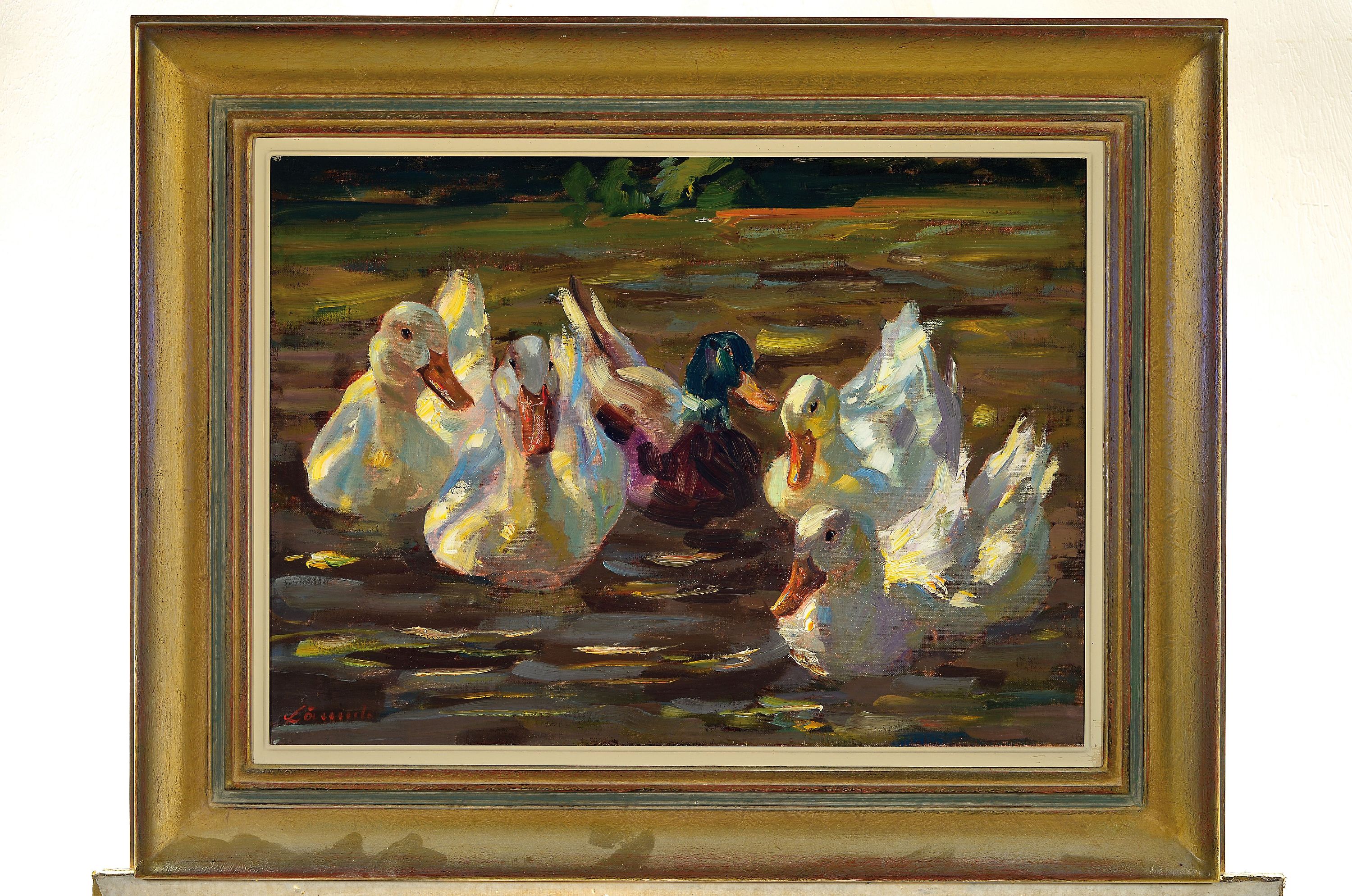 Detail k: Wolfgang Lämmle, 1941 - 2019 Stuttgart, Enten auf dem Teich, Öl/Lwd, li. unten signiert, ca. 40 x 55 cm, Rahmen ca. 57.5 x 72.5 cm, rückseitig auf ...