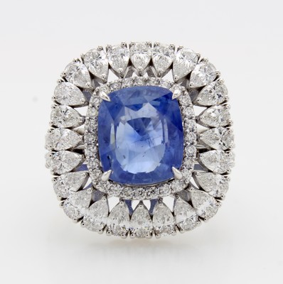 Image Ring mit Ceylon-Saphir, Diamanten und Brillanten, WG 750/000, Saphir im Cushion- Cut ...