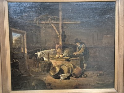 26950931a - Dutch artist, around 1820/30, stable interior with farmer and cattle, oil/wood, ...