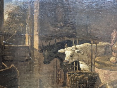 26950931c - Dutch artist, around 1820/30, stable interior with farmer and cattle, oil/wood, ...