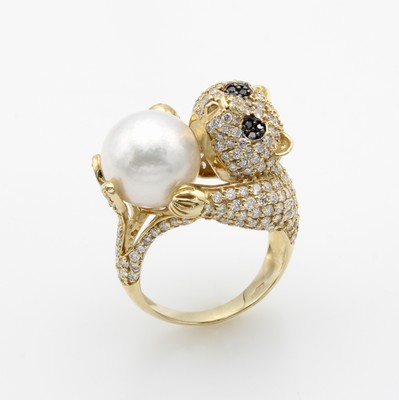 Image Ring "Koboldmaki" mit Südseeperle, Diamanten und Brillanten, GG 585/000, ...