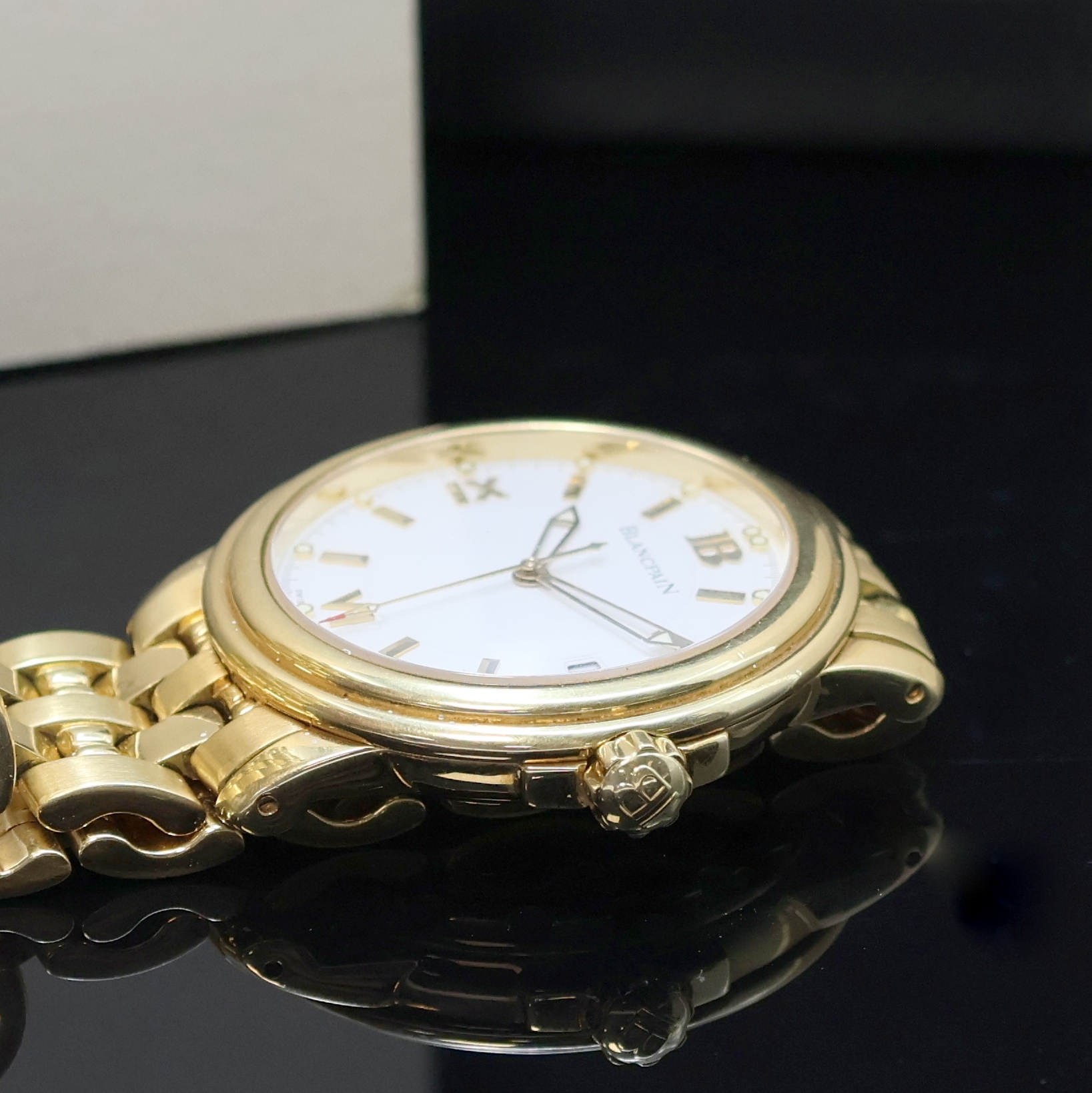 Detail d: BLANCPAIN Leman Herrenarmbanduhr in GG 750/000, Schweiz lt. Pap. verk. 12/1996, Automatik, Geh. m. gestufter Lünette, Boden u. Krone verschr., ...