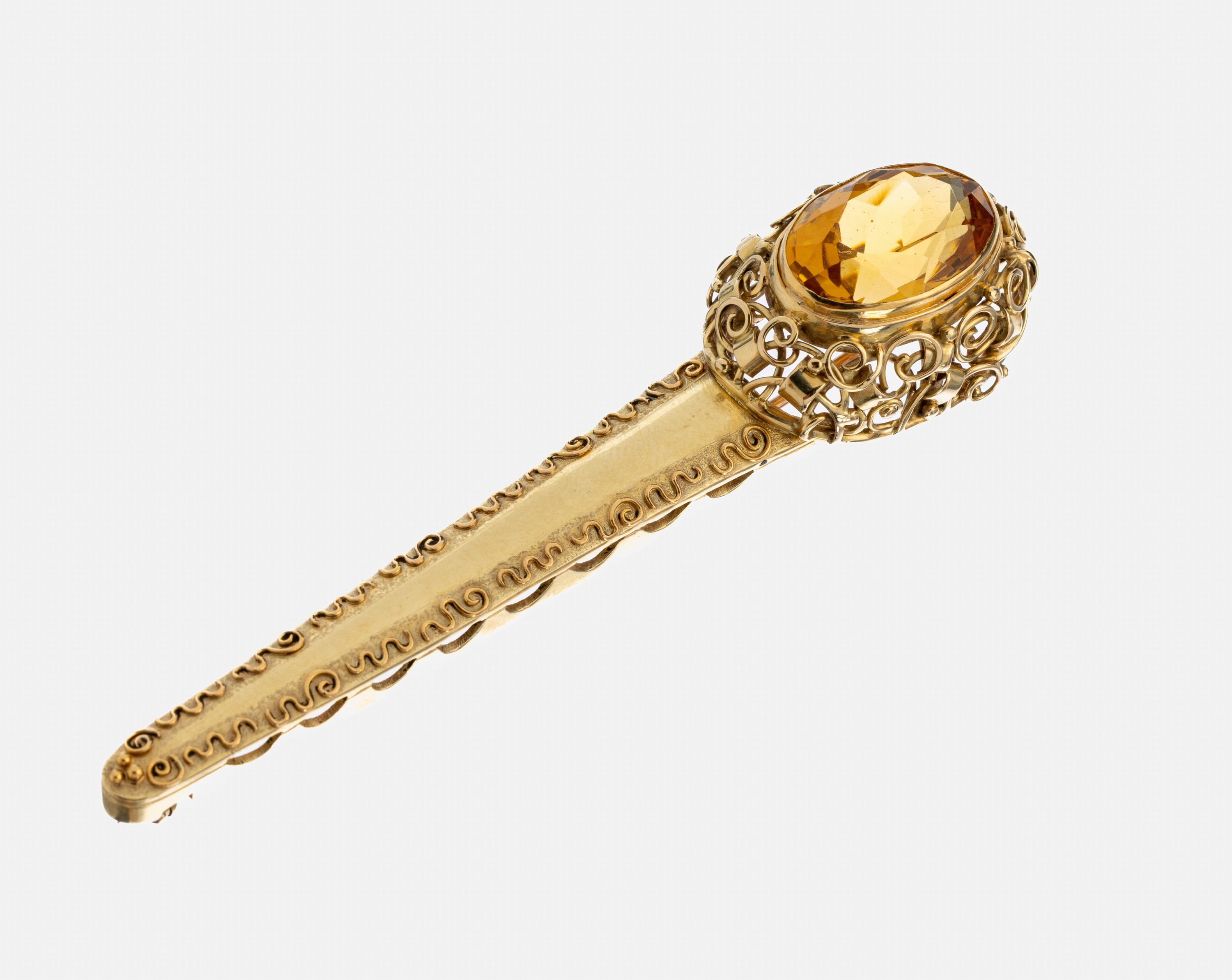 14 kt Gold Citrin-Brosche, 1950er Jahre, GG585/000, qualitätvolle Verarbeitung, ovalfacett. ca. 13 ct, L. ca. 9 cm, ca. 19.5 g