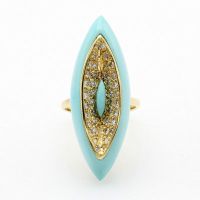 Image Ring mit Türkis und Brillanten, GG 750/000, navetteförm Ringkopf, geschnitzte ...