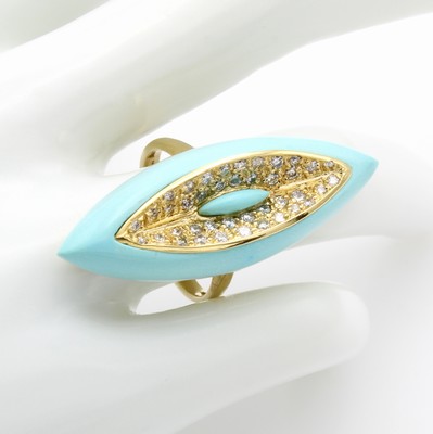 26951404a - Ring mit Türkis und Brillanten, GG 750/000, navetteförm Ringkopf, geschnitzte ...