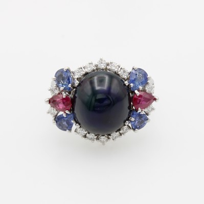 26951405a - Ring mit Farbsteinen und Brillanten, WG 750/000, Opalcabochon ca. 6.00 ct, Rubin- und ...