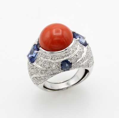 Image Ring mit Koralle, Saphiren und Brillanten, WG 585/000, bauchiger, hoher Ringkopf, ...