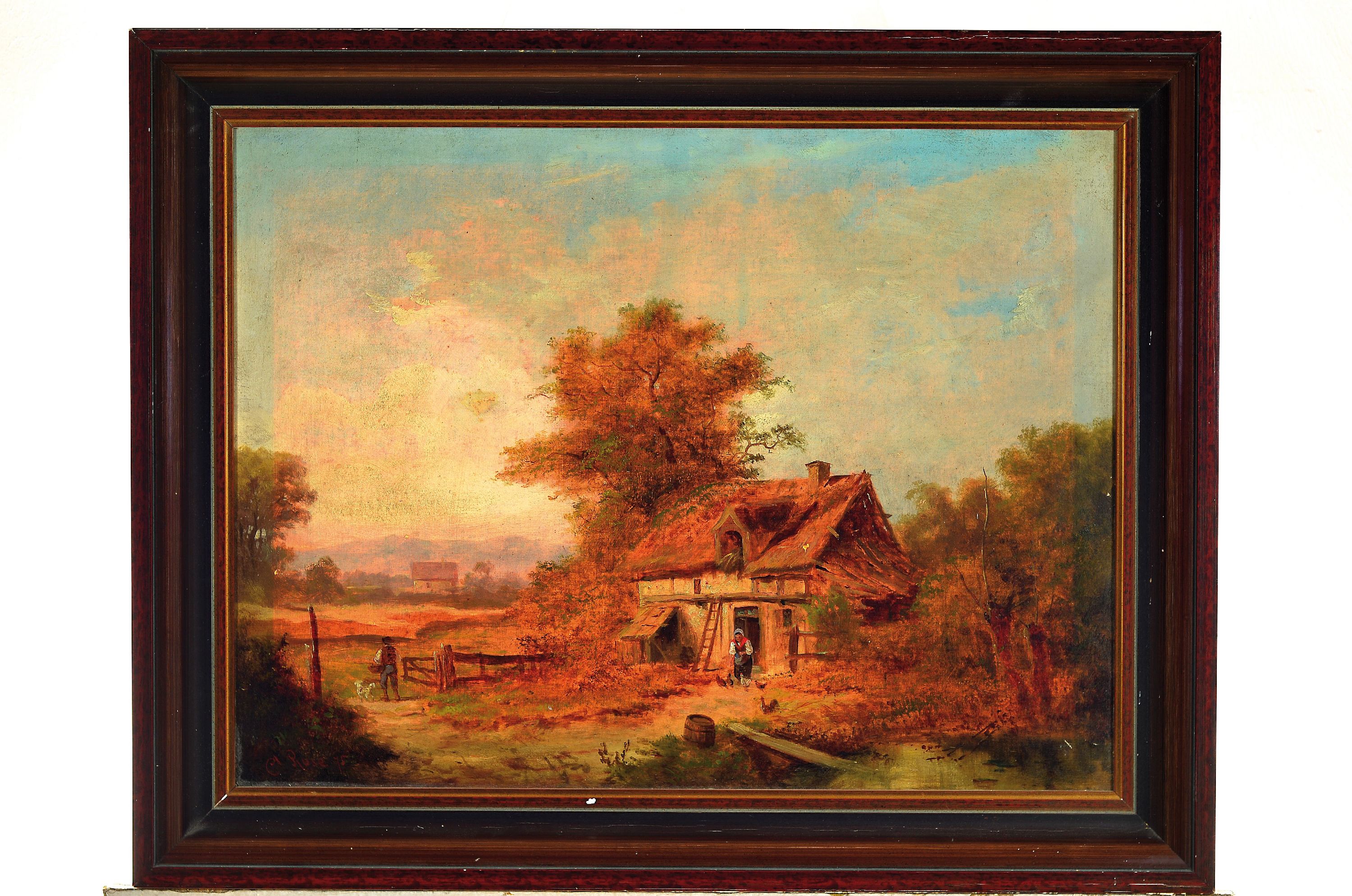 Detail k: Antonio Rose, 1848-1918, Pastorale, Frau vorm Bauernhaus füttert die Hühner, Öl/Lwd, links unten signiert und dat. 75, ca. 47x63cm, R. ca. 49x75cm