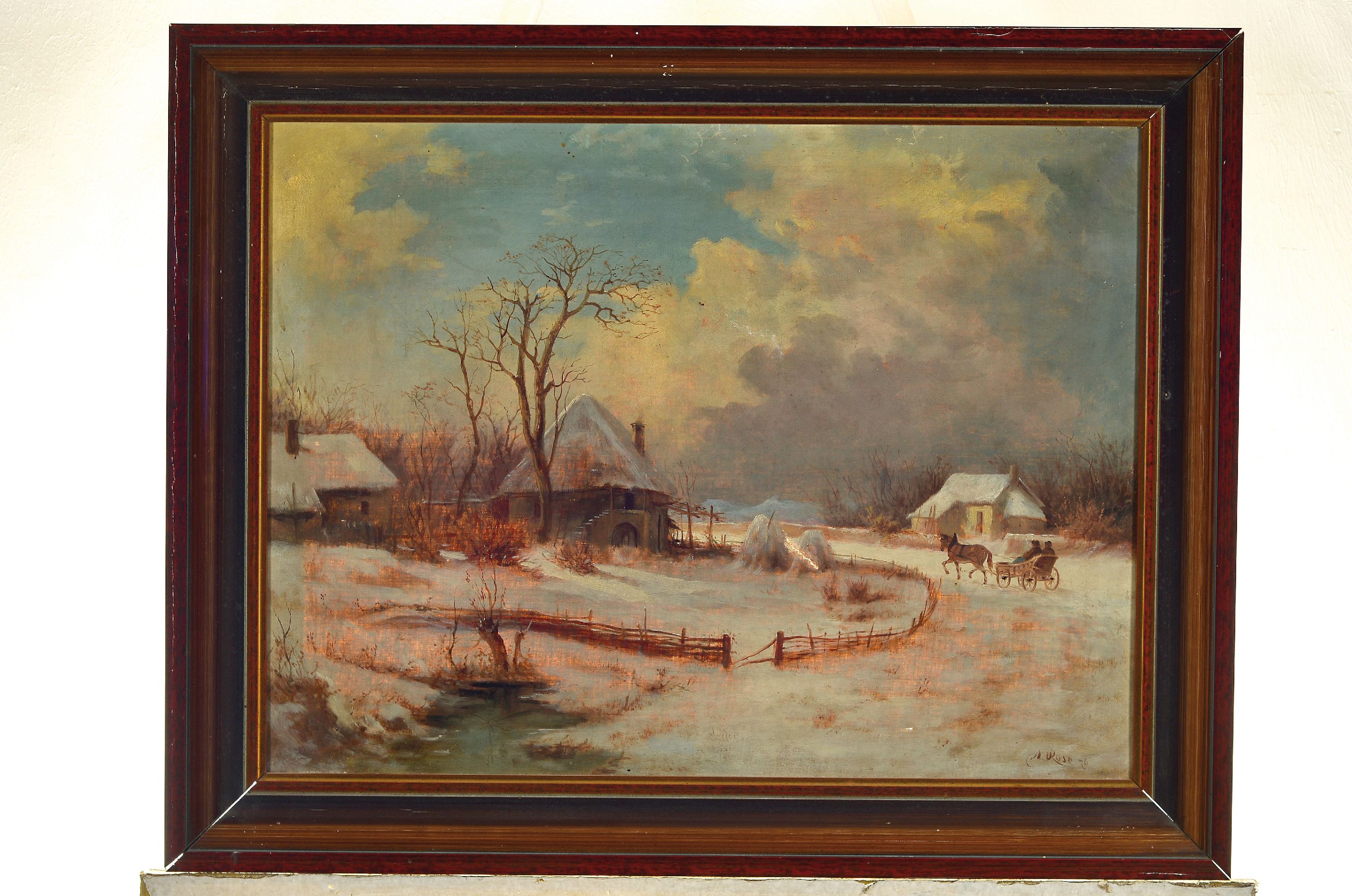 Detail k: Antonio Rose, 1848-1918, Verschneite Winterlandschaft mit Bauernhaus und Kutsche, Öl/Lwd, rechts unten sign. und dat. 76, ca. 47x63cm, R. ca. 49x75cm