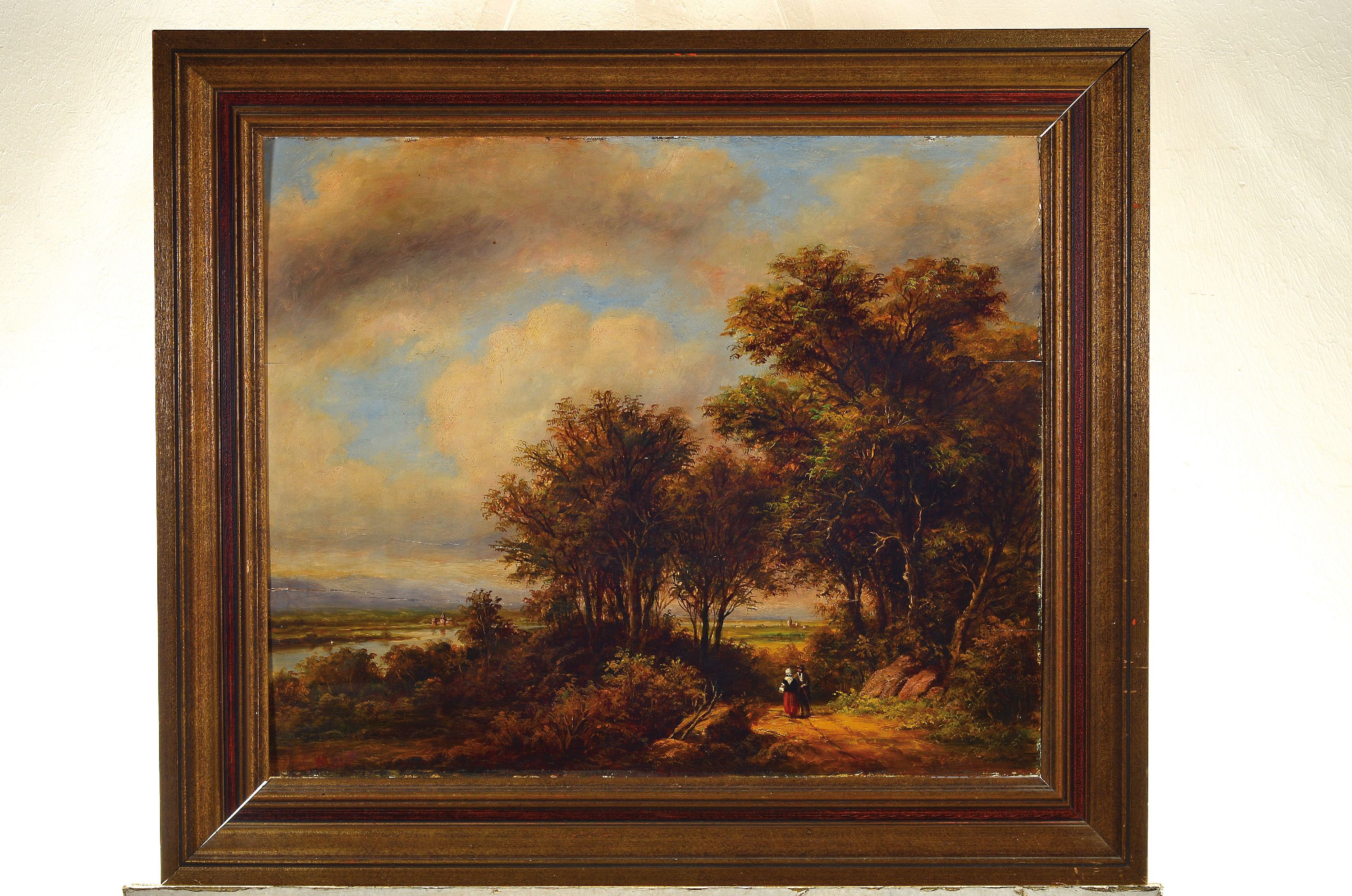 Detail k: C. Majr, niederländischer Künstler des 19. Jh., Landschaft mit wanderndem Paar unter Bäumen, Öl/Holz, altersbedingt leicht spannungsrißig, links ...