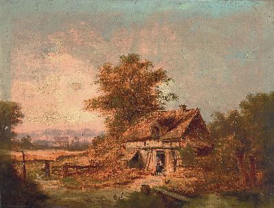 Image 26951580 - Antonio Rose, 1848-1918, Pastorale, Frau vorm Bauernhaus füttert die Hühner, ...