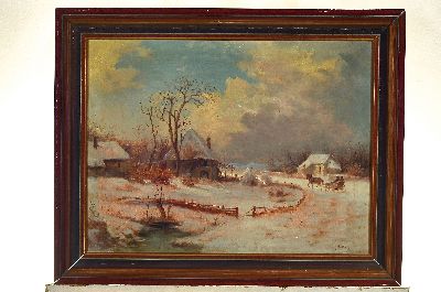 26951581k - Antonio Rose, 1848-1918, Verschneite Winterlandschaft mit Bauernhaus und Kutsche, ...