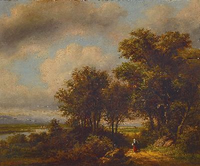 Image 26951582 - C. Majr, niederländischer Künstler des 19. Jh., Landschaft mit wanderndem Paar ...