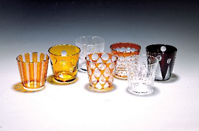 Image Carl Rotter, Lübeck, 7 Bechergläser, 5 x farbig überfangen, zwei farblose ...
