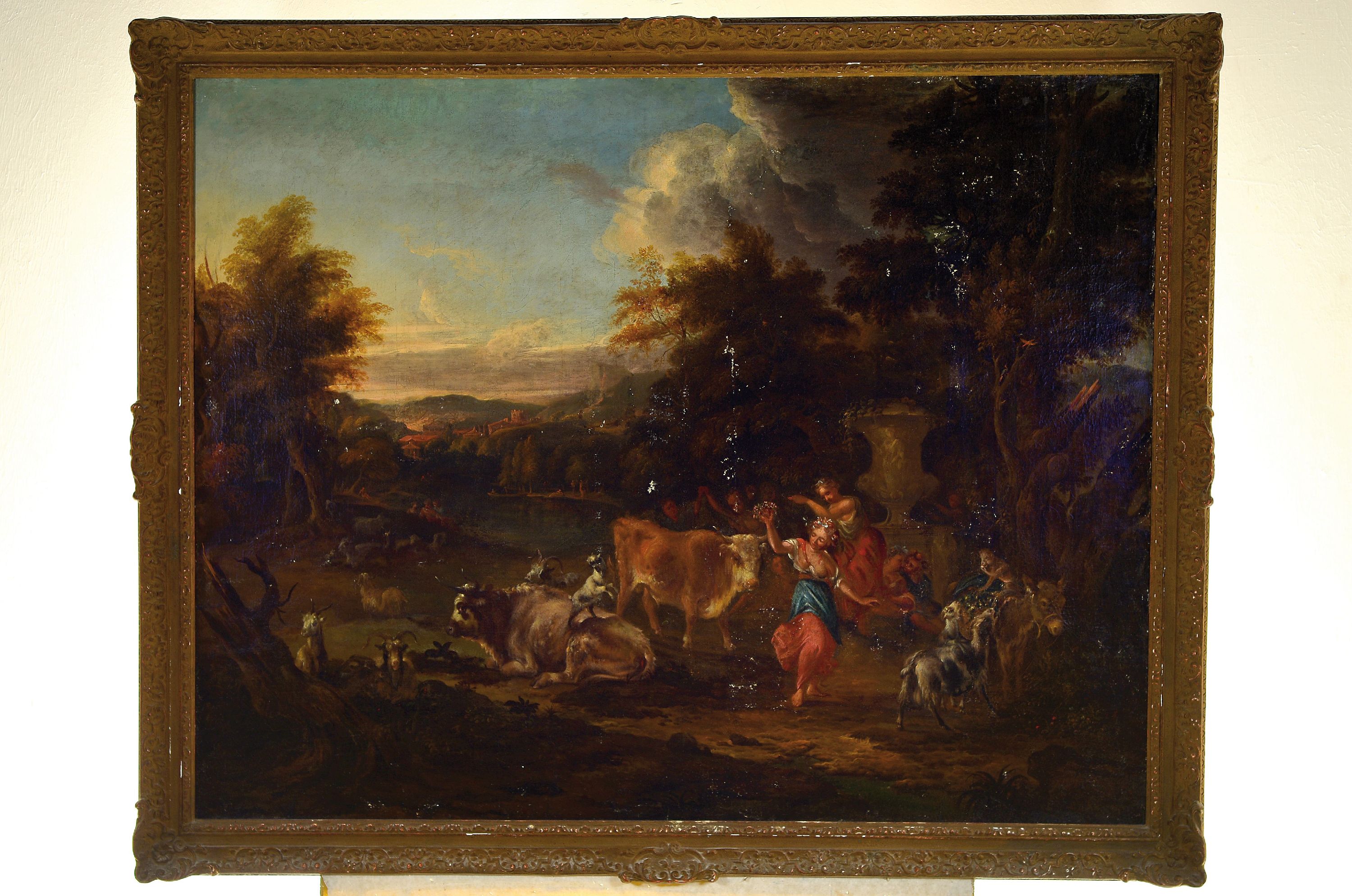 Detail k: Unbekannter Künstler, 18. Jh., Landschaft mit rastenden Tieren und allegorischer Darstellung, Blick in die Ferne, Öl/Lwd., unsigniert, mehrfach ...