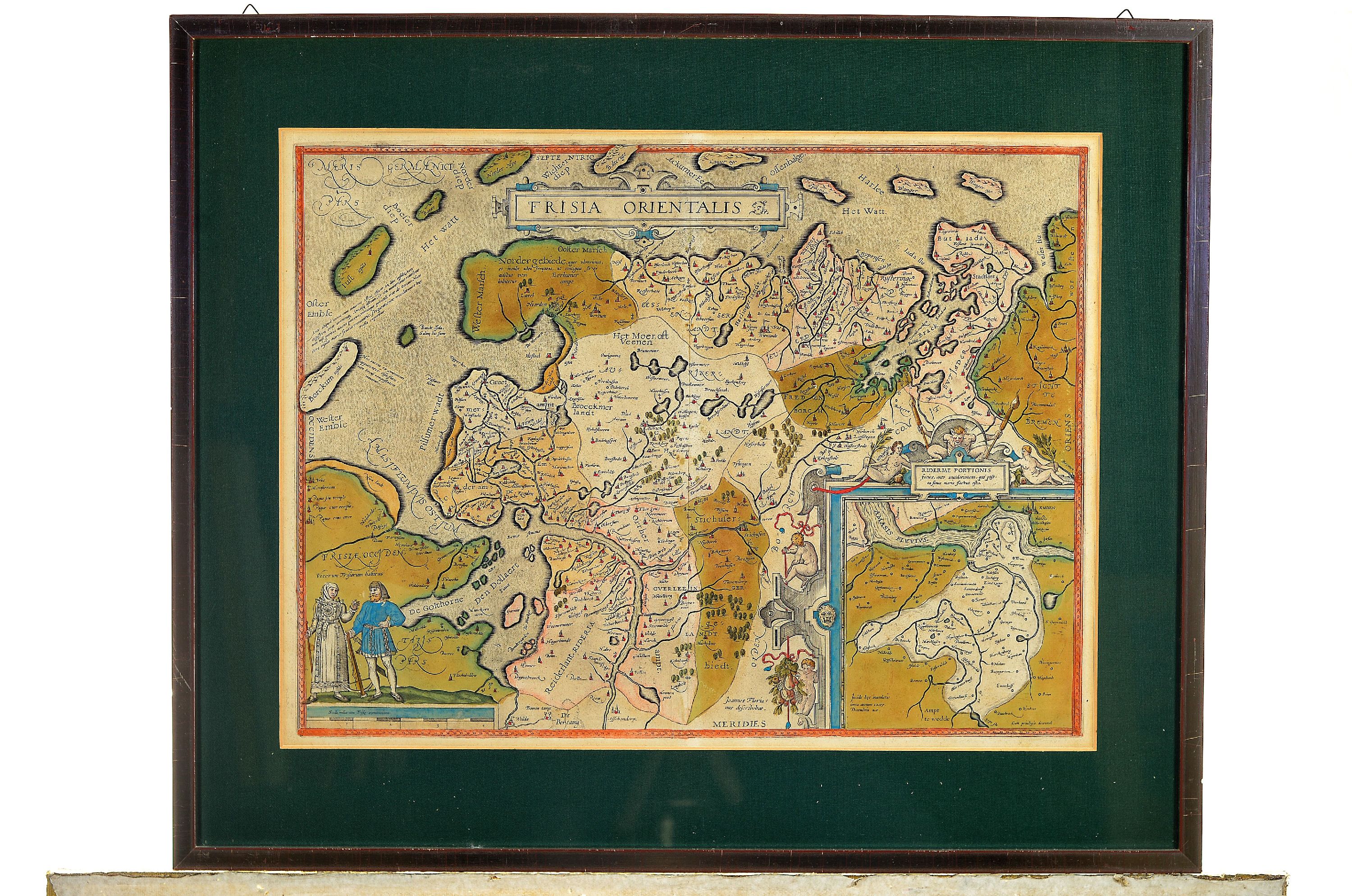 Detail k: Kupferstichkarte Abraham Ortelius, 1527-1598 Frisia Orientalis, Antwerpen, 16. Jh., Grenz- und Flächenkolorit, Ansicht von Ostfriesland zwischen ...