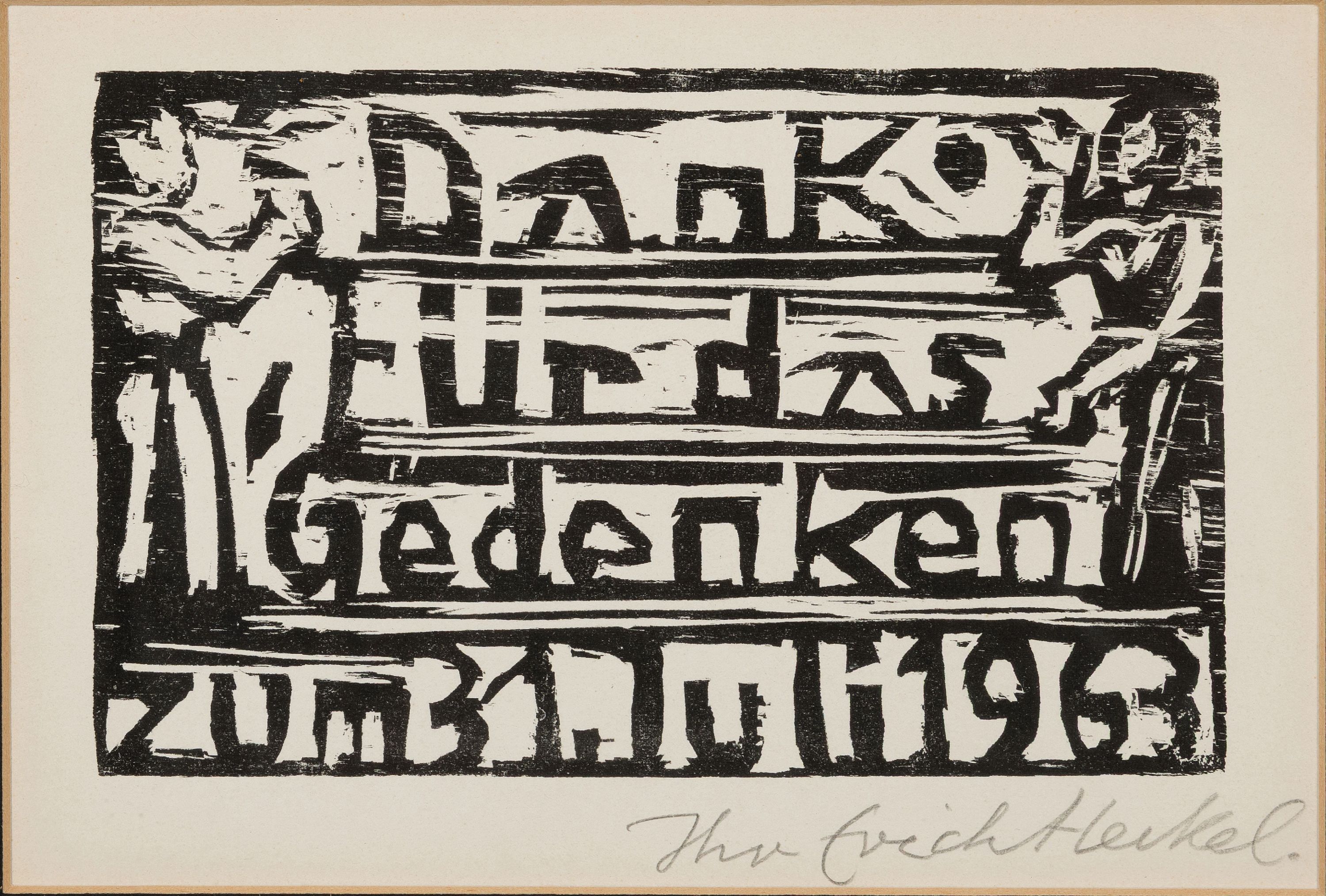 Erich Heckel, 1883-1970, Danke für das Gedenken zum 31.Juli 1963, Holzschnitt, handsigniert, ca. 10x16cm, PP, u.Gl., R. ca. 24x31cm